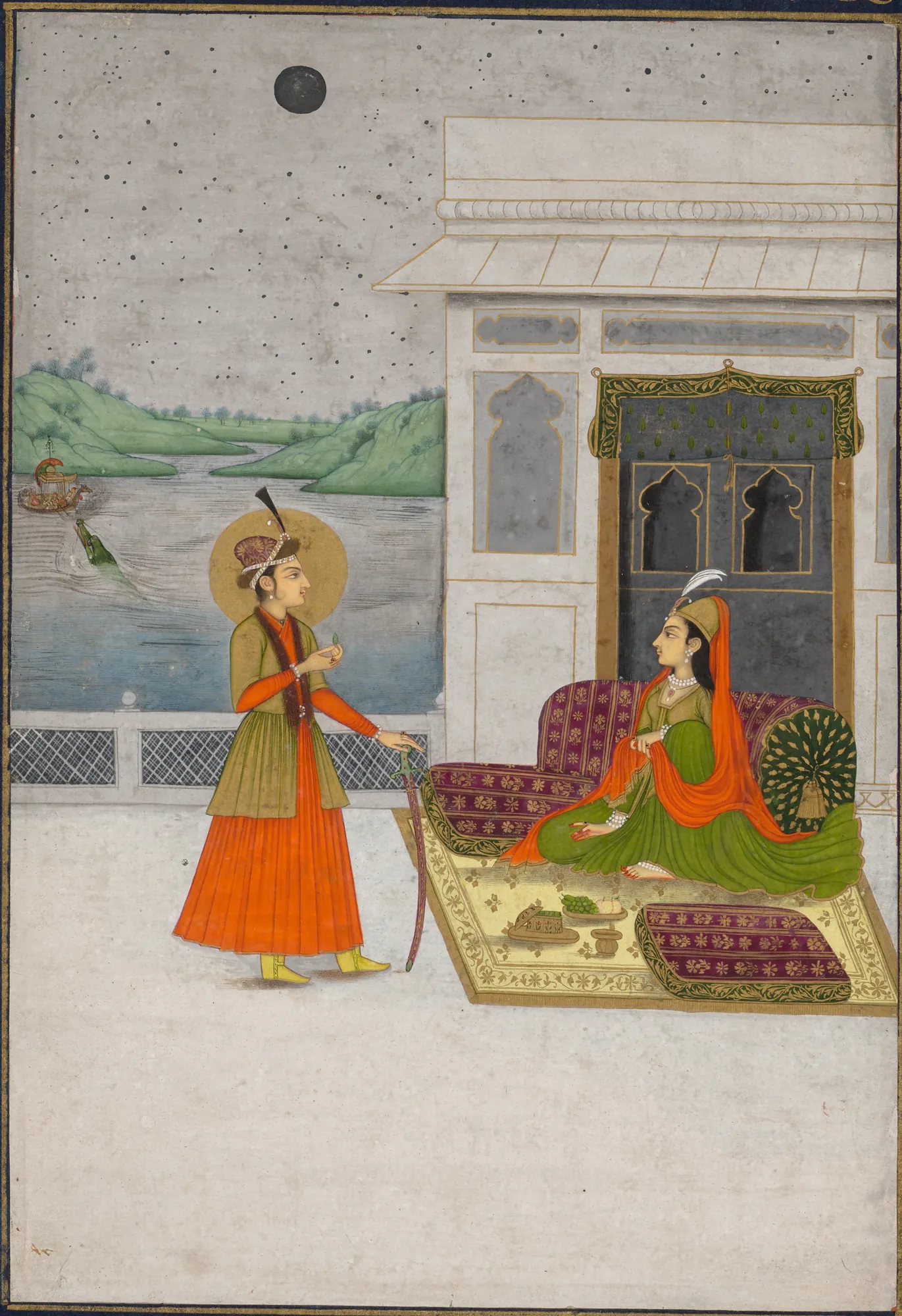 Yusuf and Zulaykha Meeting Yusuf and Zulaykha Meeting by Unknown Artist. A detailed Indian miniature painting showing a man with a golden halo and a woman in vibrant green and orange robes meeting on a terrace at night.