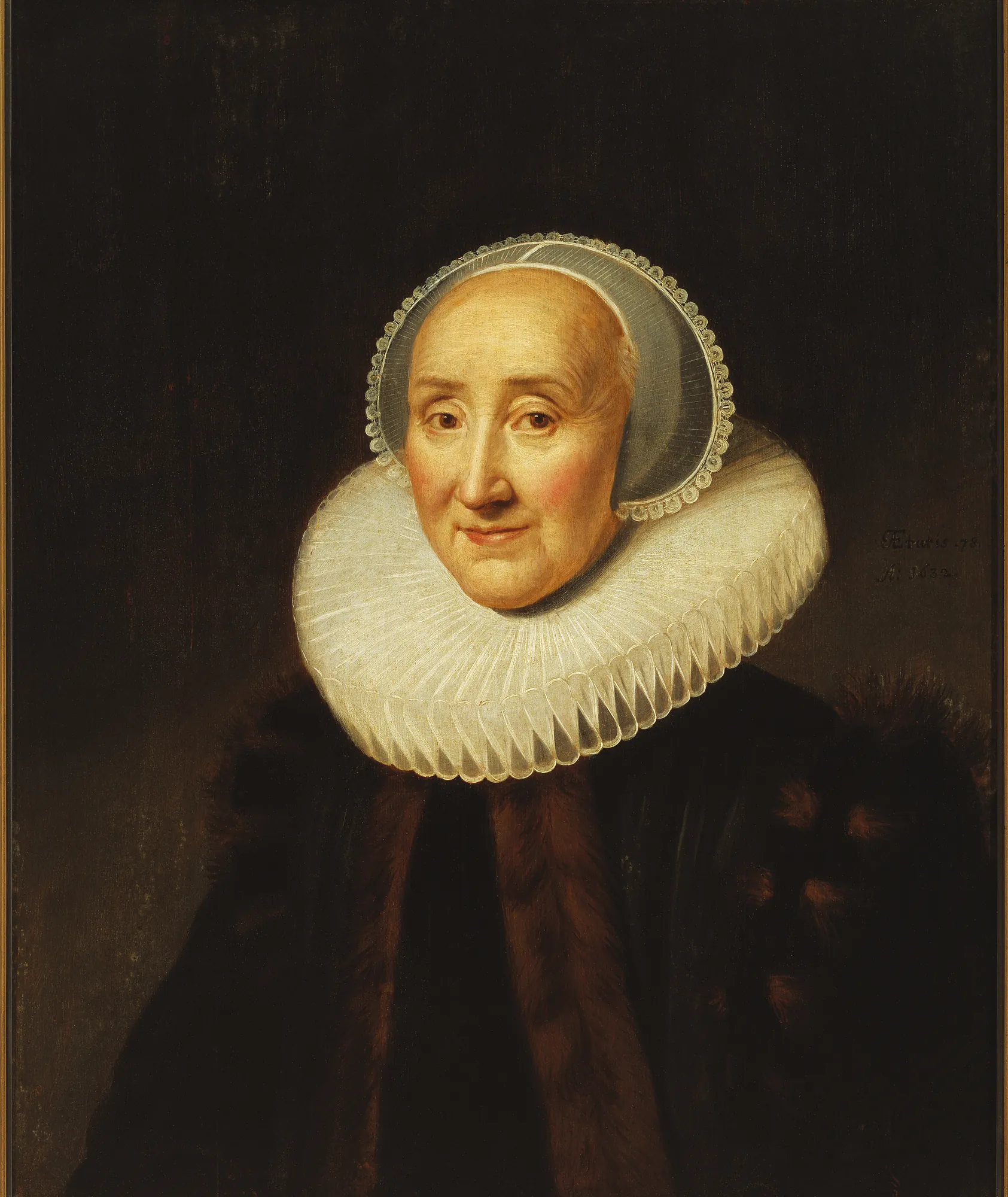 Portrait of Volckera Knobbert Portrait of Volckera Knobbert by Unknown Artist. A seventeenth-century portrait of an elderly woman wearing a large white ruff and a dark fur-trimmed cloak against a dark background.