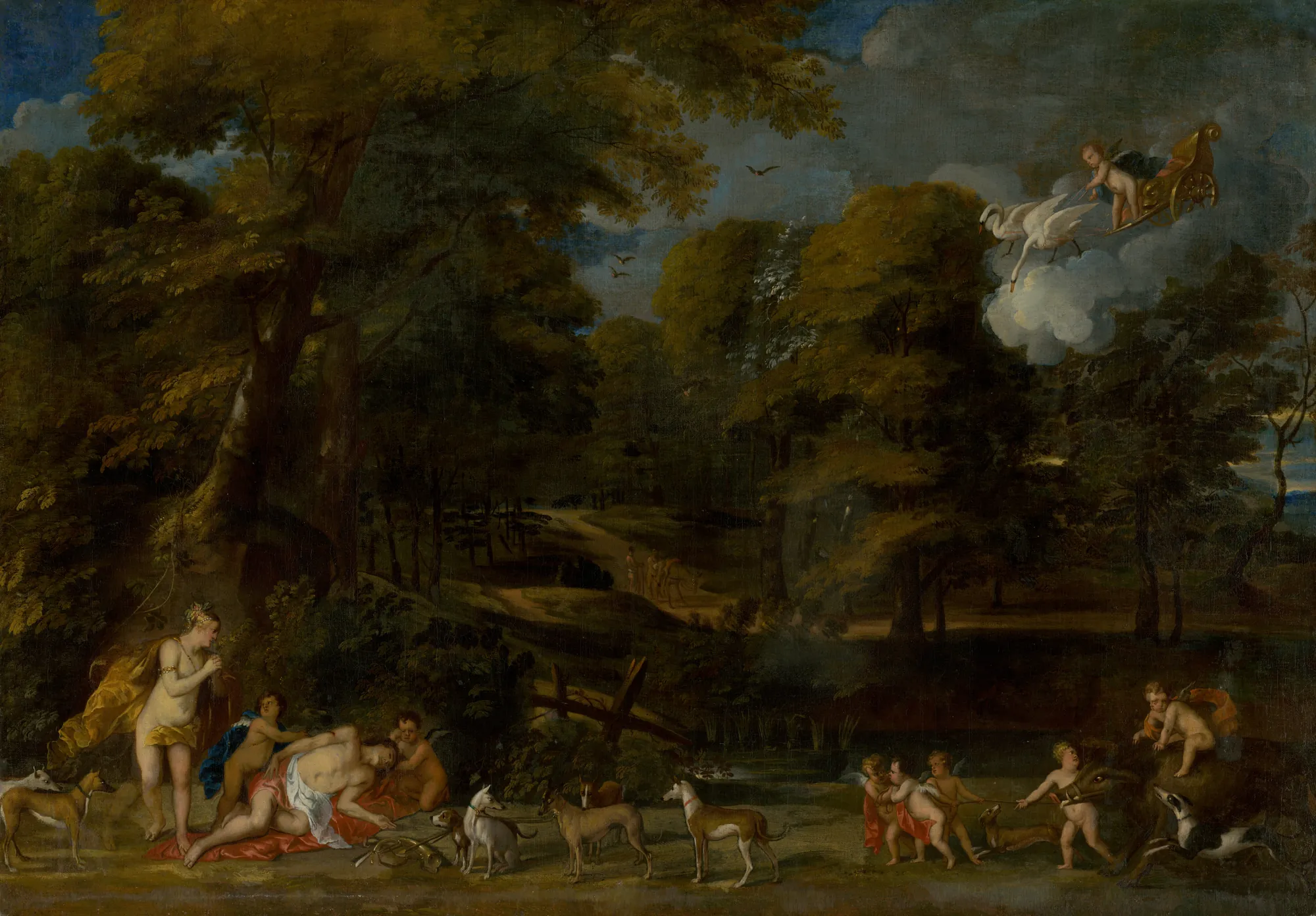 Venus Mourning the Death of Adonis Venus Mourning the Death of Adonis by Frans Wouters. A classical landscape featuring Venus grieving over the body of Adonis, surrounded by hunting dogs and putti beneath a canopy of dense trees.