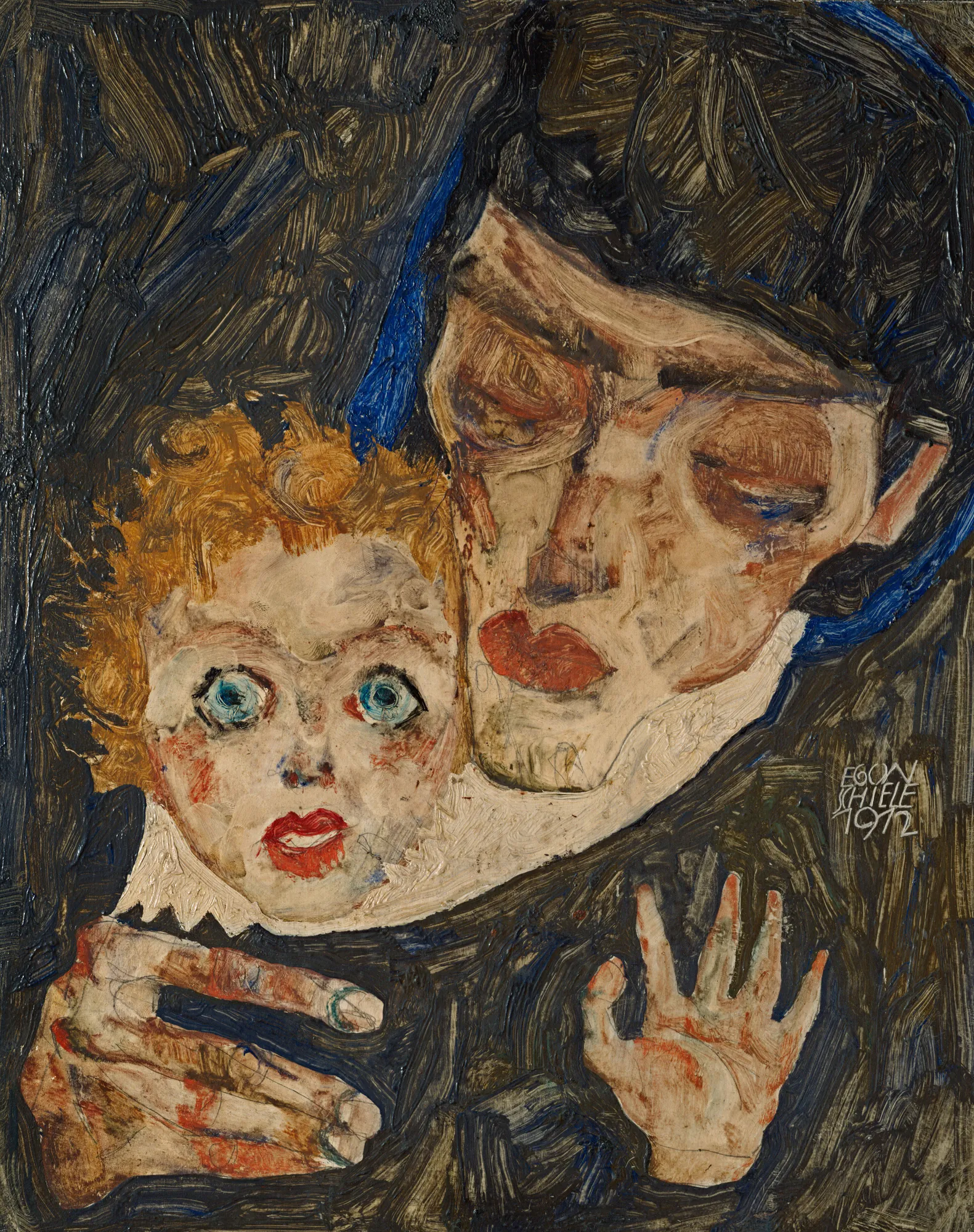 Mother and Child (Mutter und Kind) Mother and Child (Mutter und Kind) by Egon Schiele. An expressive oil painting featuring a mother with closed eyes holding a wide-eyed child against a dark, heavily textured background.
