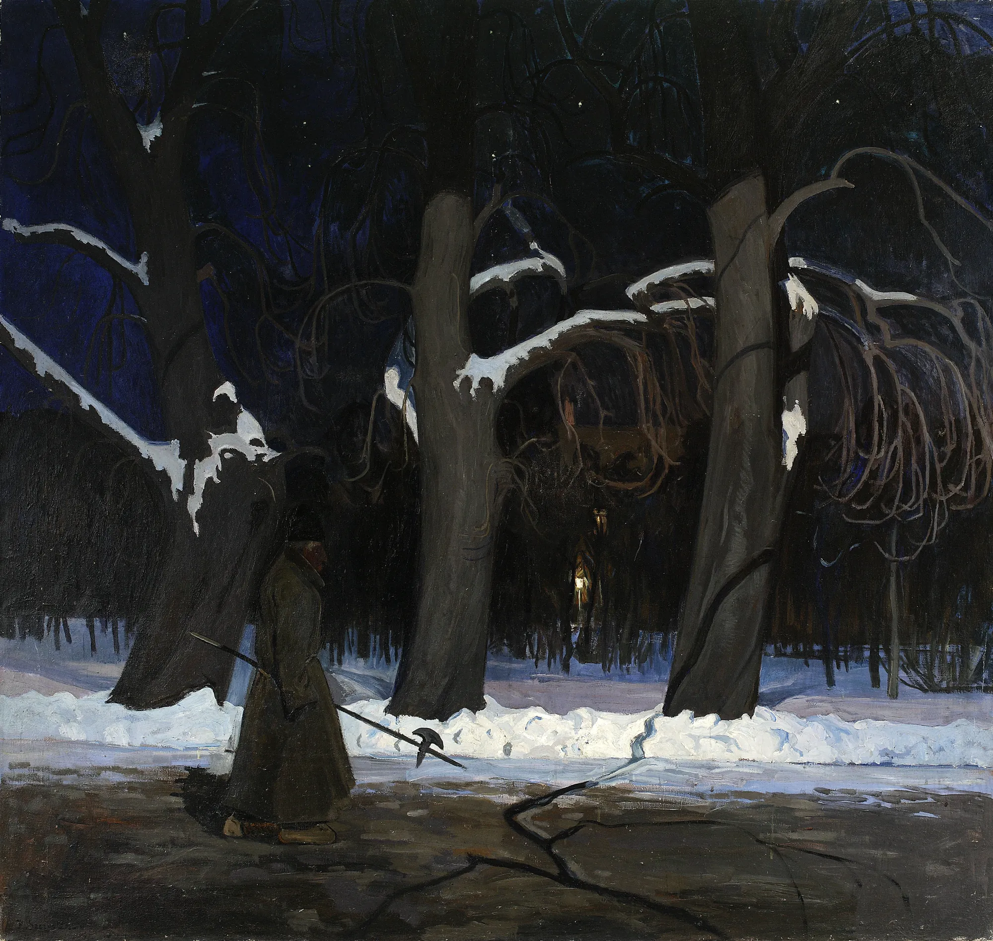 Winter Landscape at Night with a Halberdier