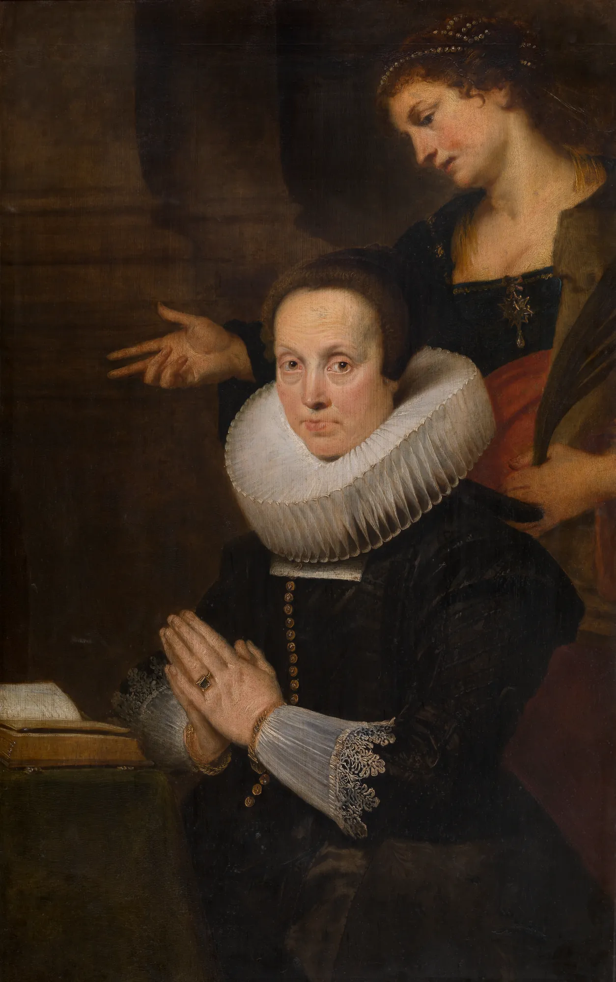 Barbara Kegeleers with Saint Barbara Barbara Kegeleers with Saint Barbara by Cornelis de Vos. A seventeenth-century Flemish portrait of a woman in a large white ruff collar praying, with a saint standing behind her.