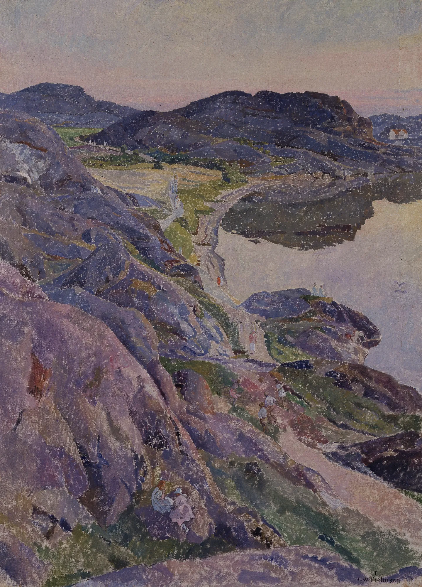 The Bögevik Road The Bögevik Road by Carl Wilhelmson. A rocky coastal scene featuring a winding path where figures rest, overlooking a calm body of water under a pale sky.
