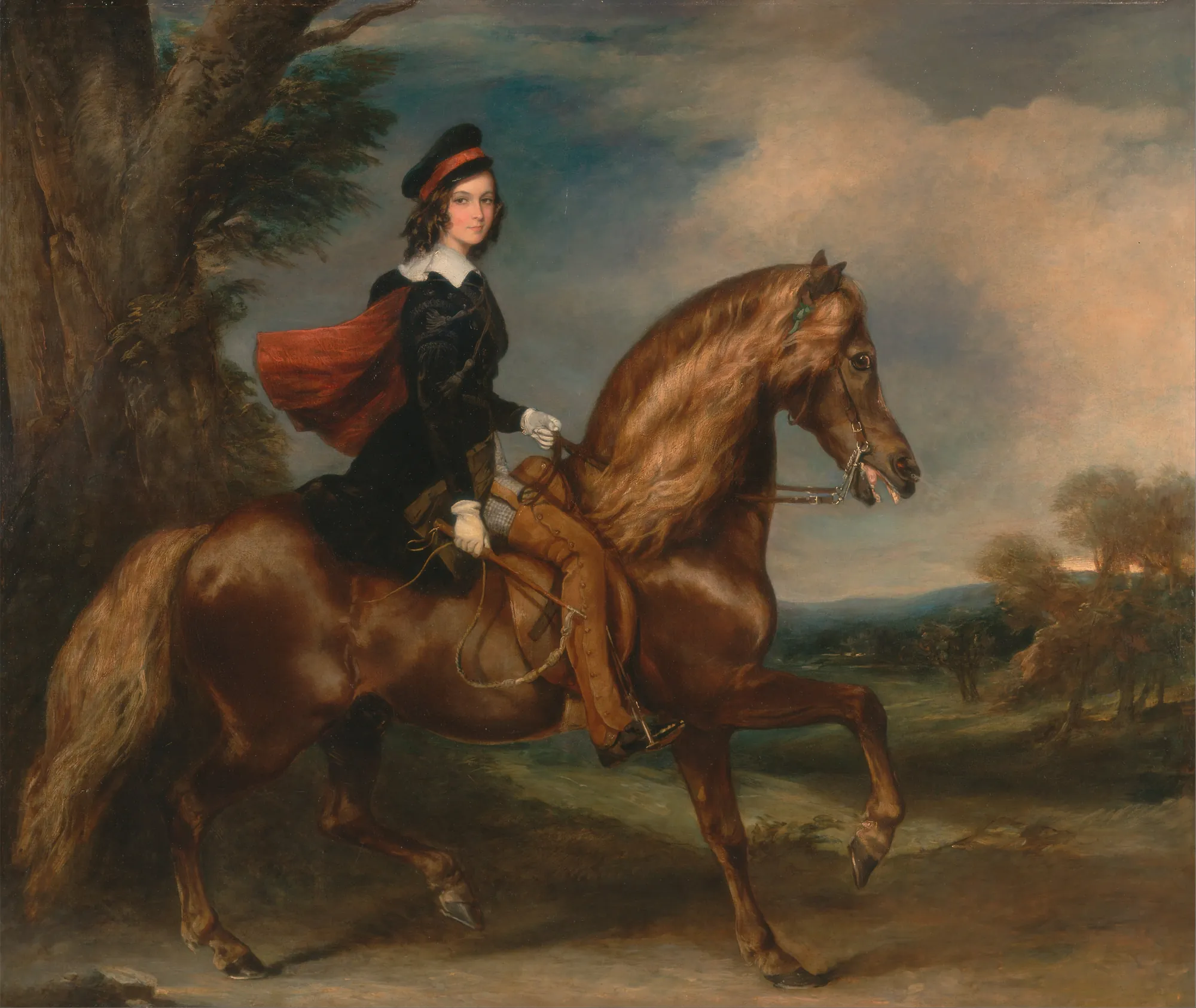 James Keith Fraser James Keith Fraser by Francis Grant. A young man in formal riding attire with a flowing red cape sits atop a spirited chestnut horse against a landscape background.