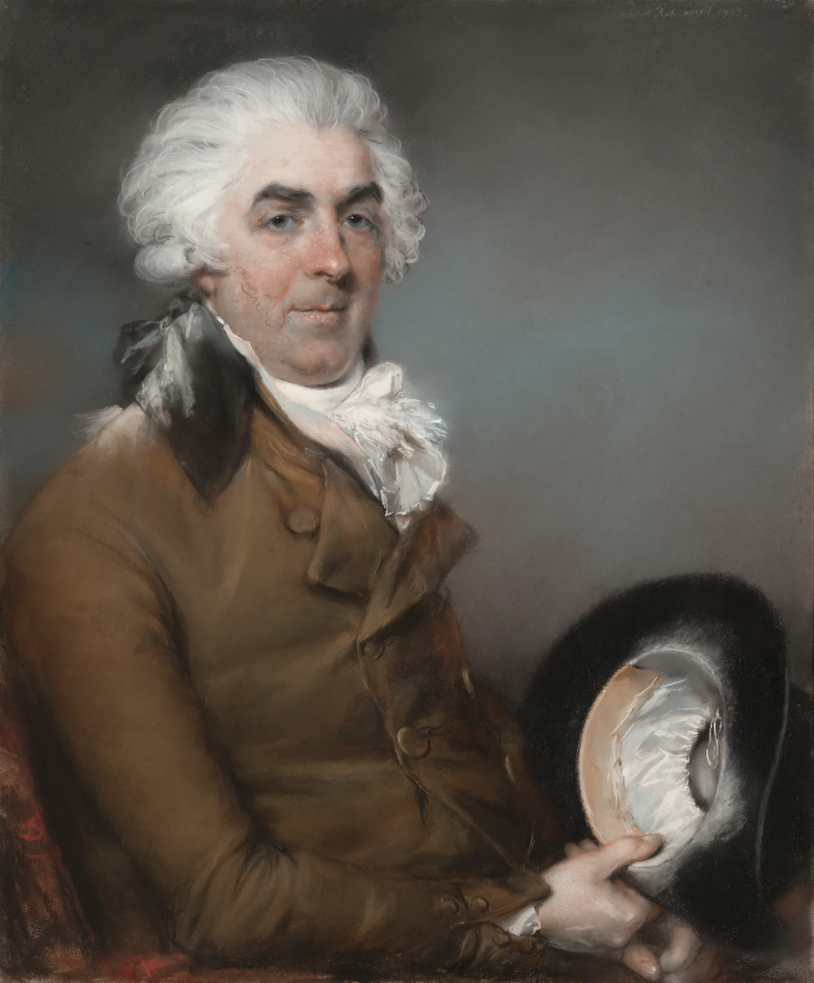 Portrait of George de Ligne Gregory Portrait of George de Ligne Gregory by John Russell. A half-length portrait of a gentleman with powdered white hair, wearing a brown coat and white cravat, holding a black hat.