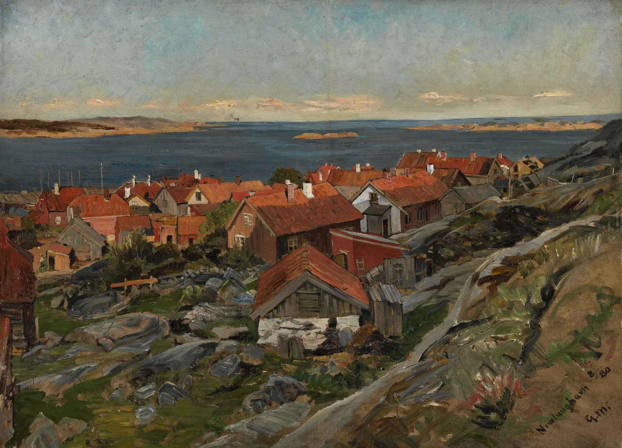 View of Nevlunghavn View of Nevlunghavn by Gerhard Munthe. A cluster of red-roofed cottages overlooks a calm blue sea from a rocky, green-tufted hillside under a hazy sky.