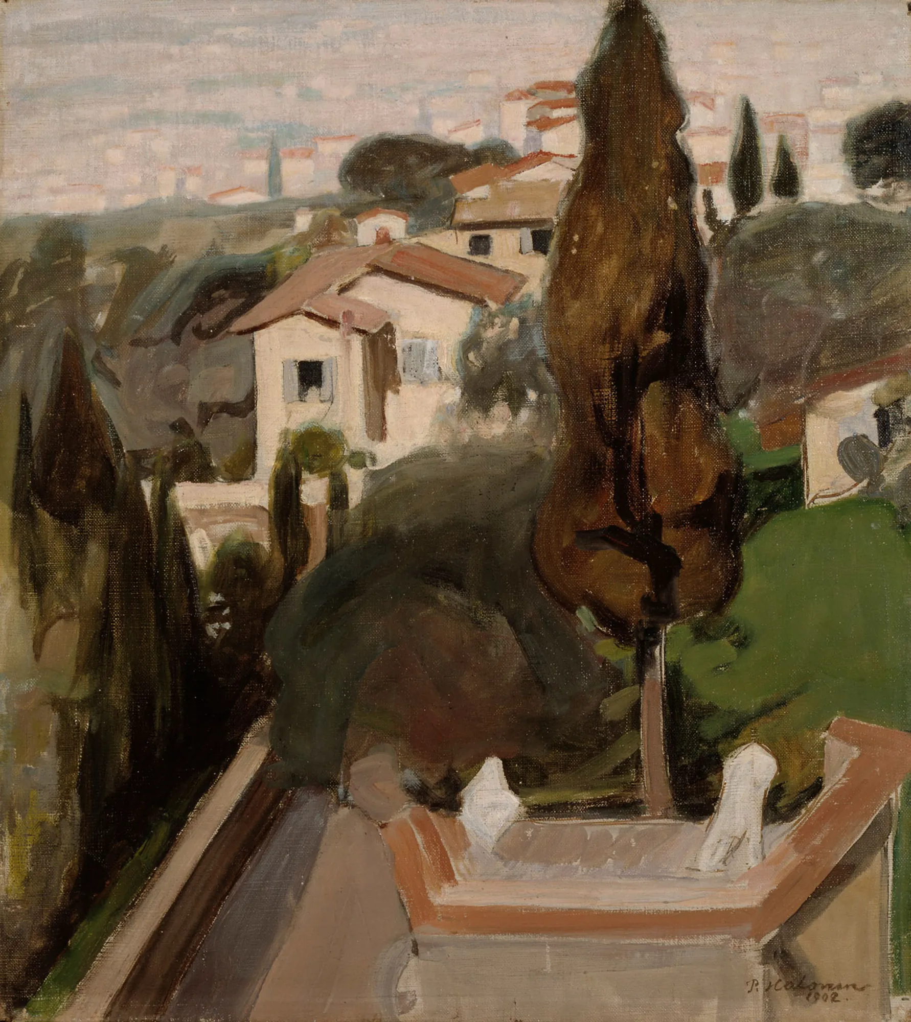Fiesole Fiesole by Pekka Halonen. An oil painting depicting an Italian hillside town with terracotta-roofed houses and a prominent, dark cypress tree in the foreground.