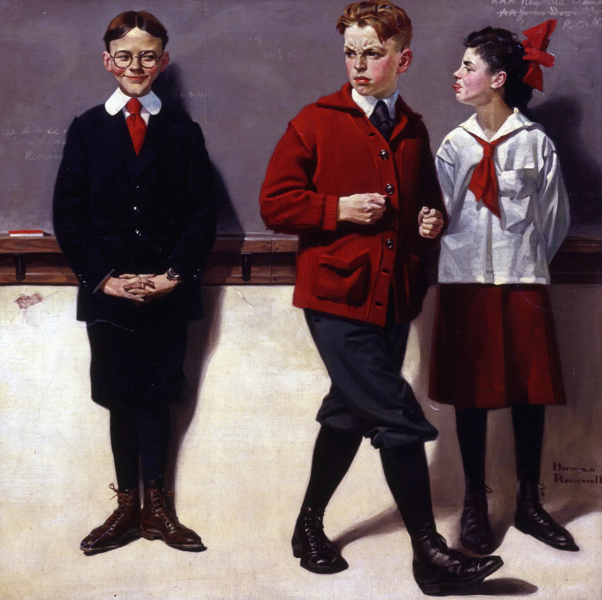 Cousin Reginald Spells Peloponnesus (Spelling Bee) Cousin Reginald Spells Peloponnesus (Spelling Bee) by Norman Rockwell. Three children stand in front of a school chalkboard, each exhibiting a different reaction during a spelling bee.