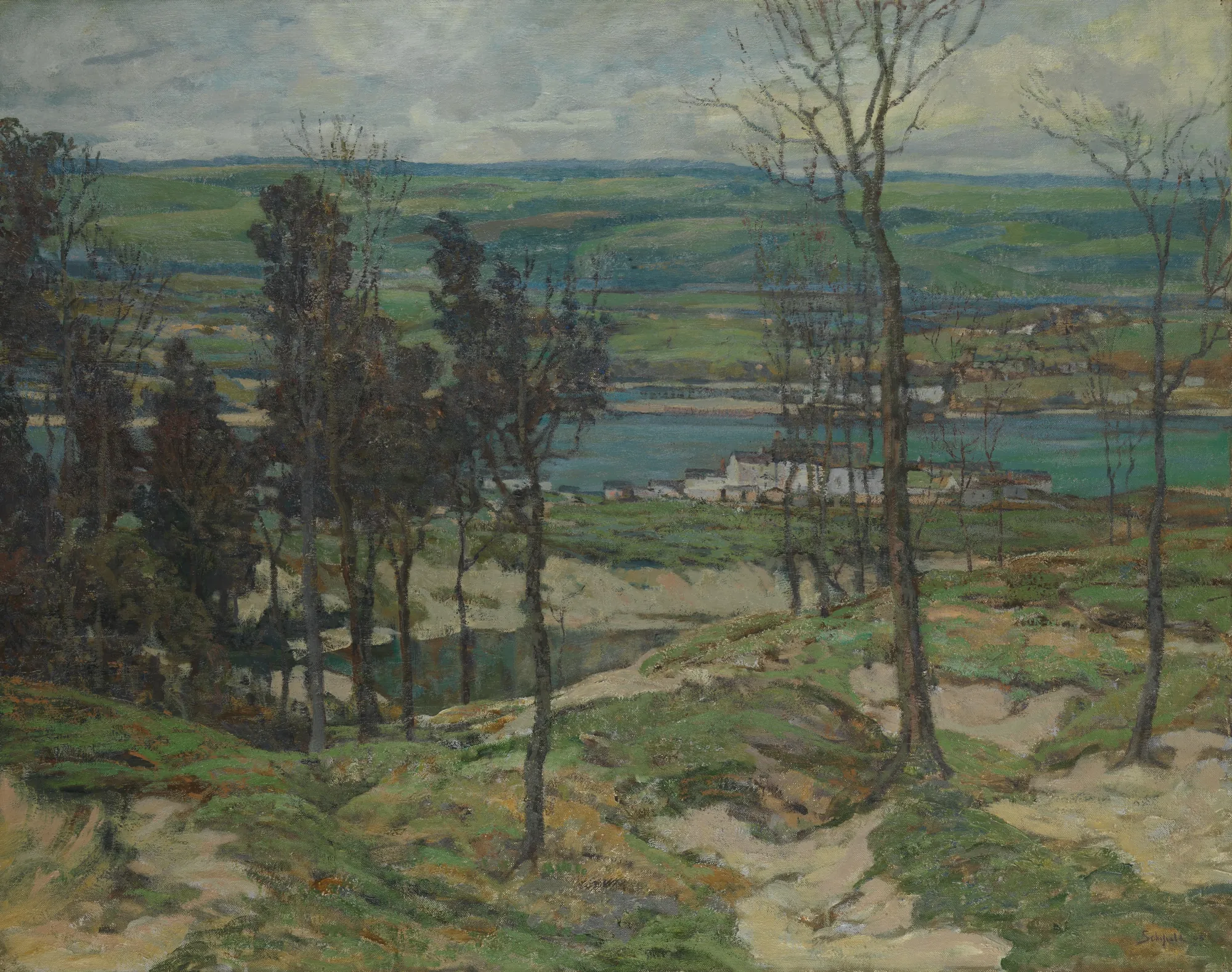 Sand Dunes near Lelant, Cornwall Sand Dunes near Lelant, Cornwall by Walter Elmer Schofield. An impressionistic landscape painting depicting sandy dunes and sparse trees overlooking a wide river estuary and distant rolling hills under a soft, cloudy sky.