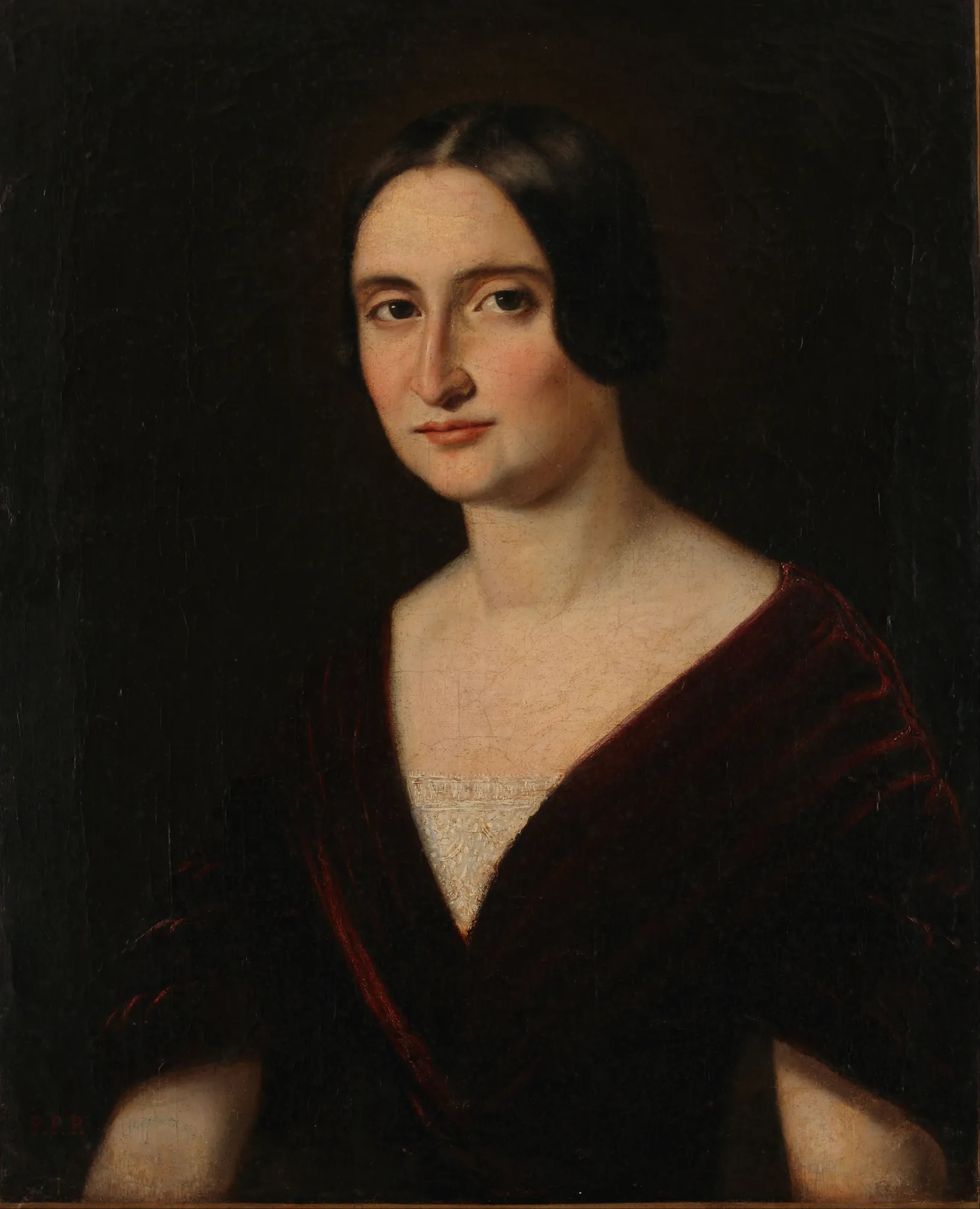 Retrato de Señora Retrato de Señora by Prilidiano Pueyrredón. A 19th-century oil portrait of a woman with dark hair and a deep maroon velvet dress against a dark background.