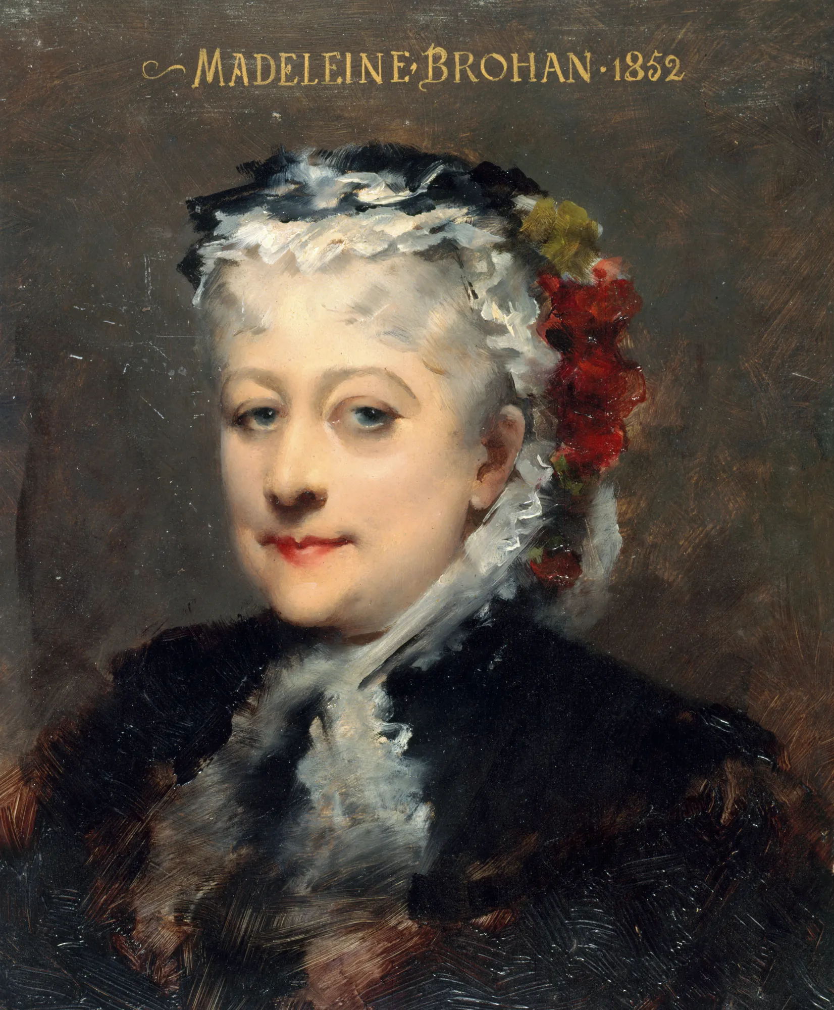 Portrait of Madeleine Brohan Portrait of Madeleine Brohan by Louise Abbéma. An oil portrait of an older woman with a slight smile, wearing a white lace cap adorned with red flowers against a dark, moody background.