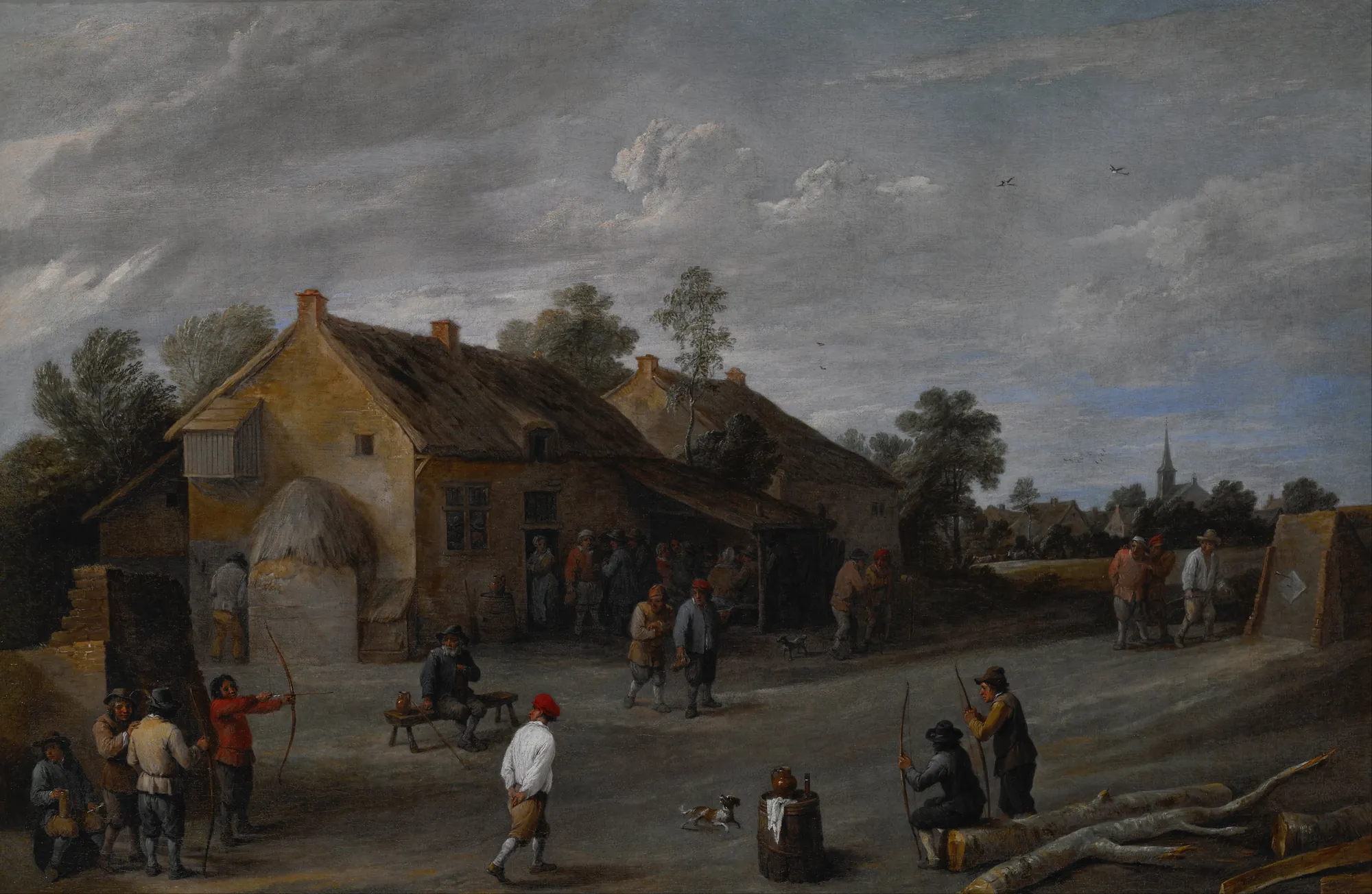 The Archers The Archers by David Teniers the Younger. A group of villagers practice archery in a dirt courtyard outside a rustic, thatched-roof tavern beneath a vast, cloud-filled sky.