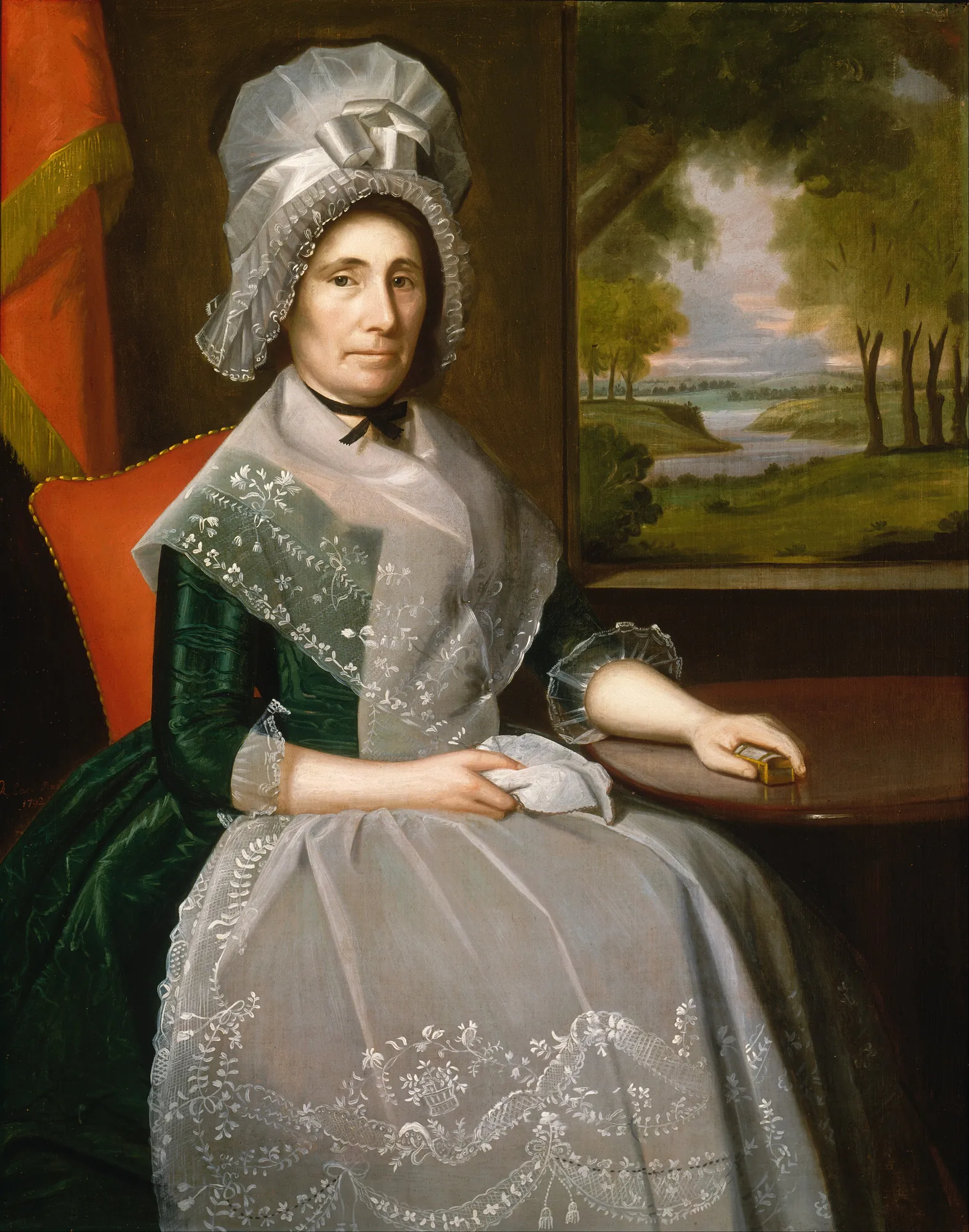 Mrs. Richard Alsop Mrs. Richard Alsop by Ralph Earl. A seated woman in a large white lace cap and shawl rests one hand on a mahogany table before a window overlooking a river landscape.