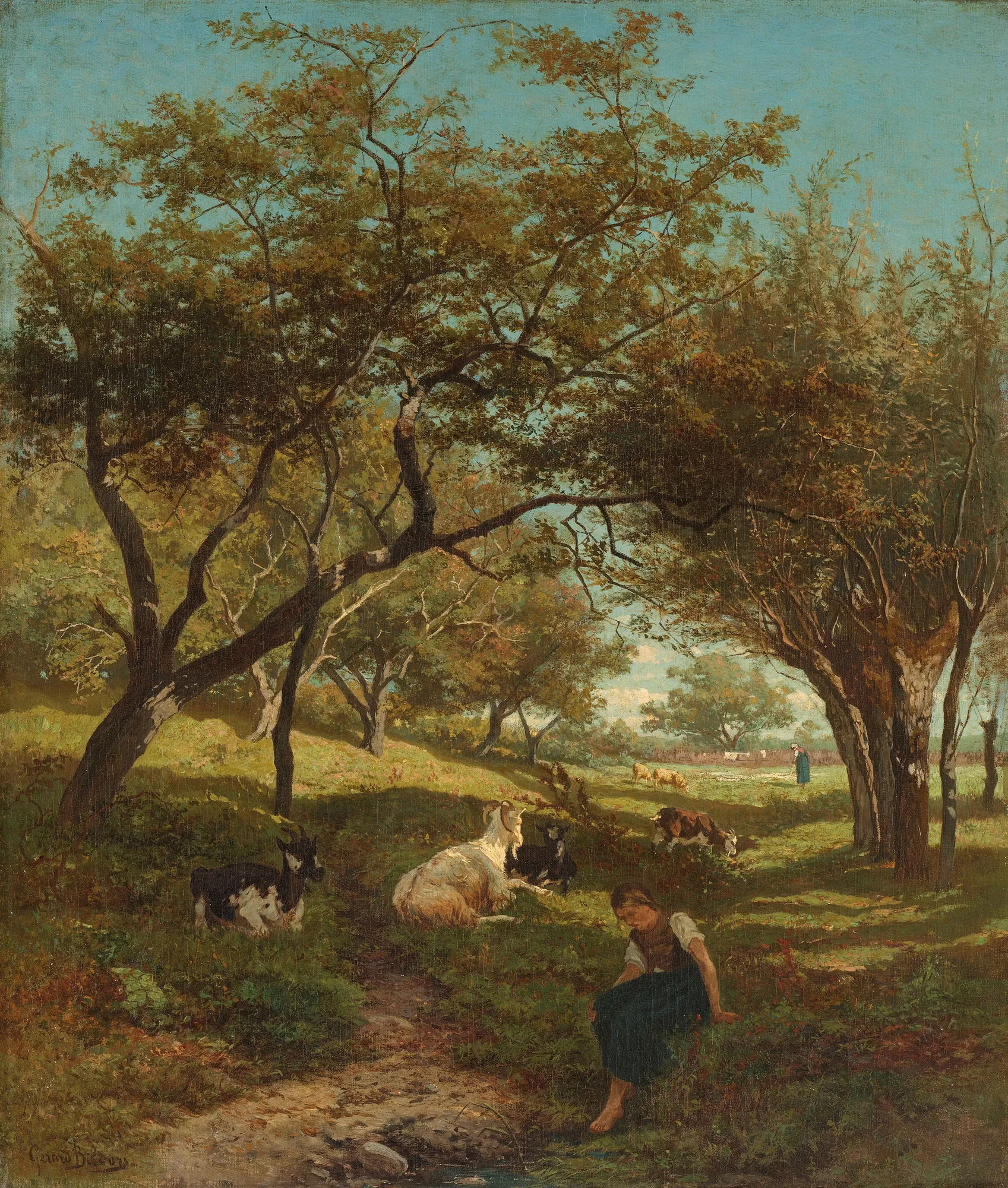 The Goatherdess The Goatherdess by Gerard Bilders. A young girl sits by a stream in a sun-dappled grove, watching over several goats resting beneath large, arching trees.
