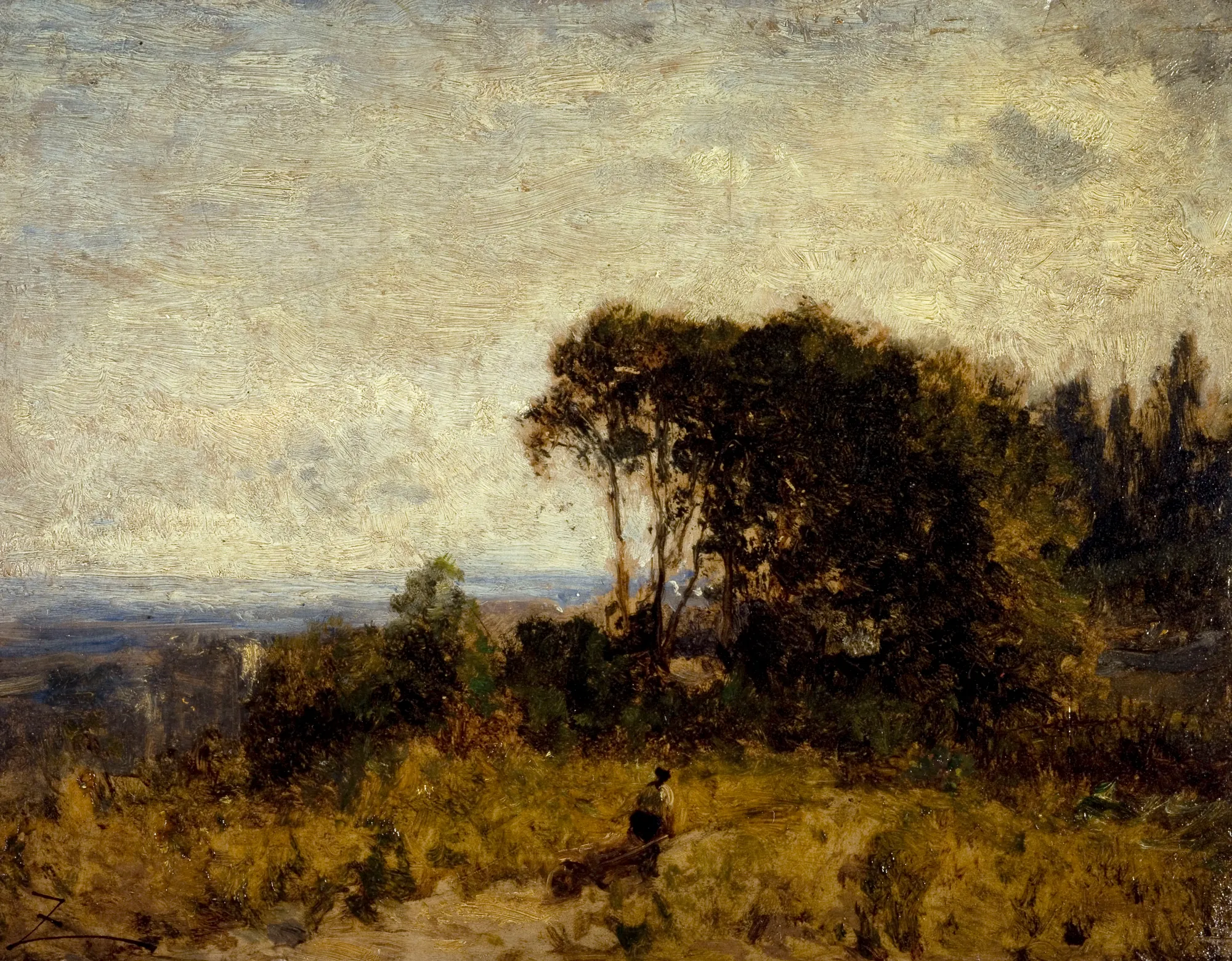 Environs de Barbizon Environs de Barbizon by Félix Ziem. An oil landscape featuring a dense cluster of dark trees set against an expansive, pale, and heavily textured sky.
