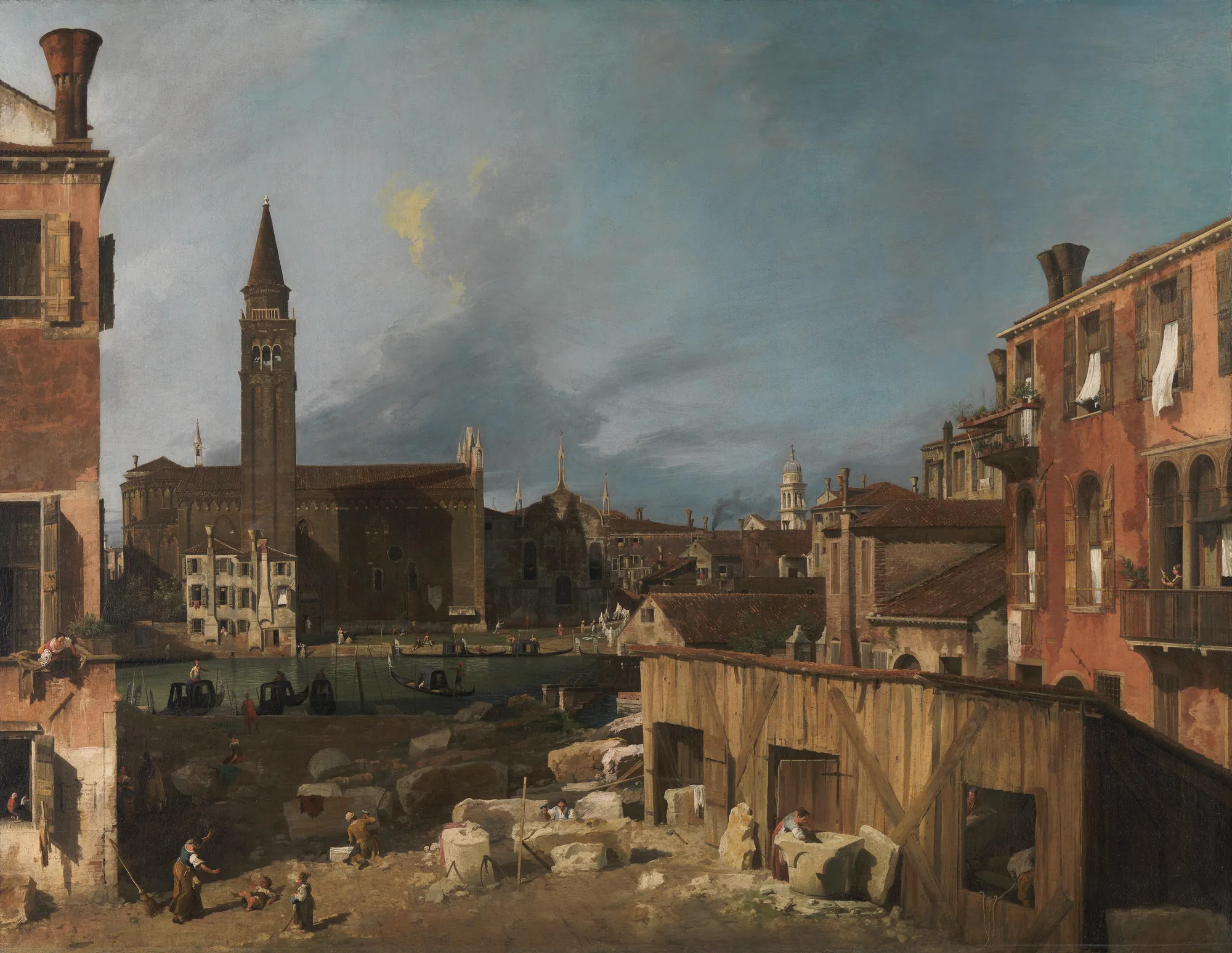 The Stonemason's Yard The Stonemason's Yard by Canaletto. A detailed 18th-century Venetian cityscape showing a stonemason's yard in the foreground with the Grand Canal and historic architecture in the background.