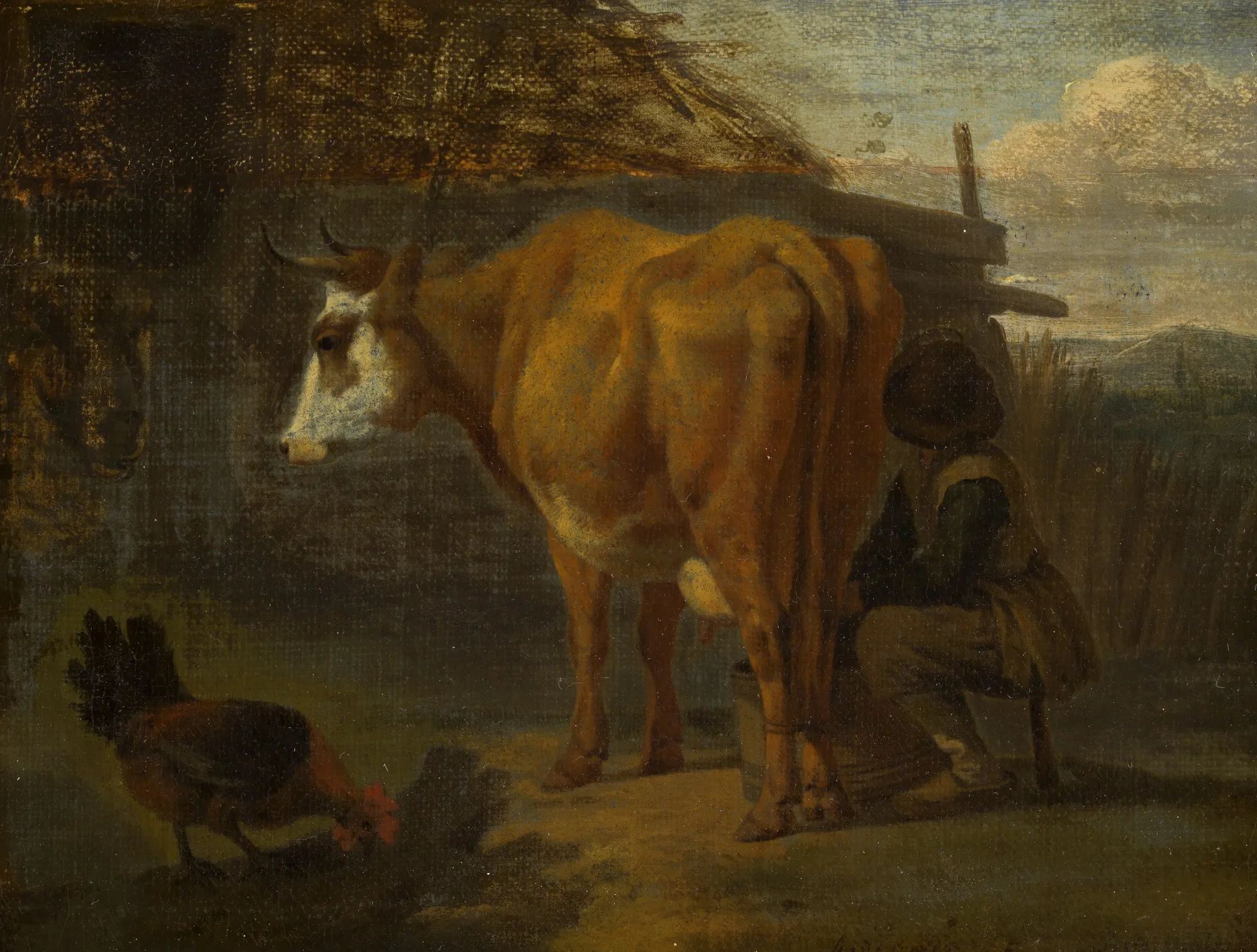 Brown Cow Milked by a Shepherd