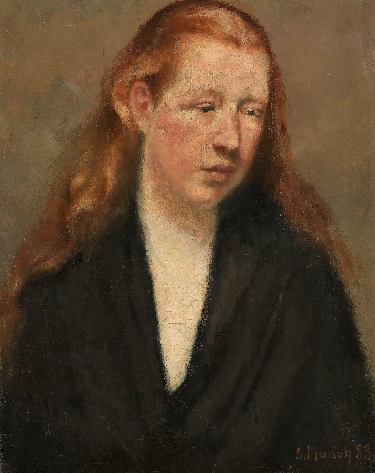 Study of a Head Study of a Head by Edvard Munch. An oil portrait showing a young woman with long reddish hair looking down with a somber expression against a neutral background.
