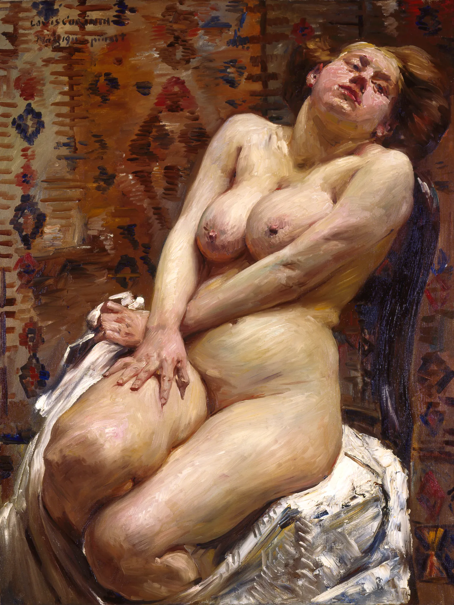 Nana Nana by Lovis Corinth. A painterly depiction of a seated female nude with her head tilted back against a richly patterned rug background.