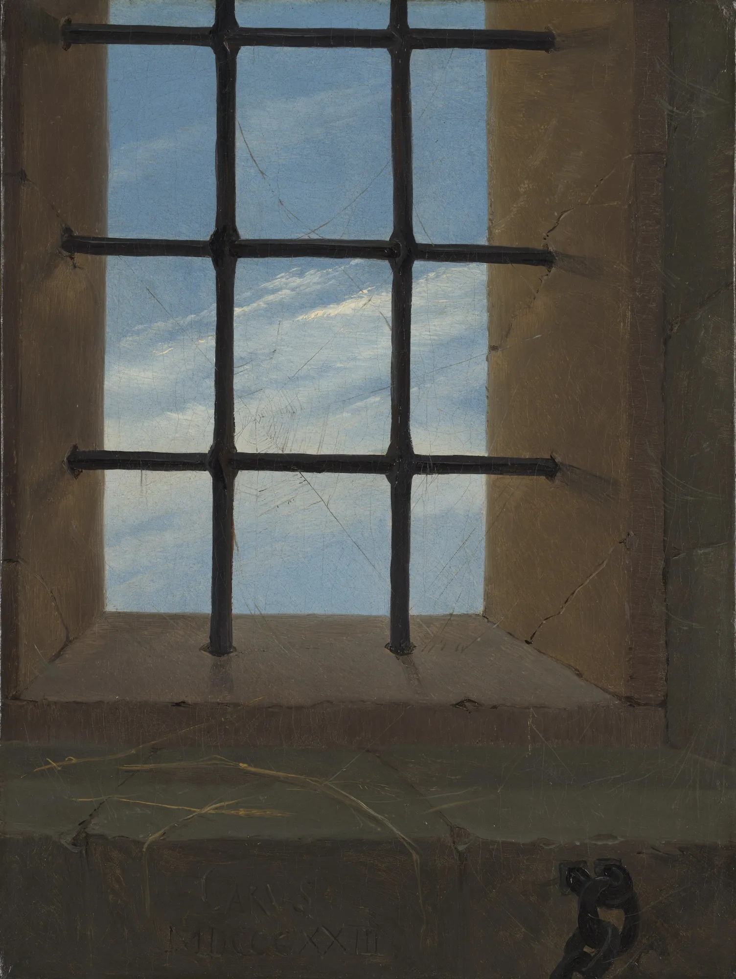 A View of the Sky from a Prison Window A View of the Sky from a Prison Window by Carl Gustav Carus. A view through a barred stone window looking out at a bright blue sky with wispy clouds, with straw and a chain visible on the interior ledge.