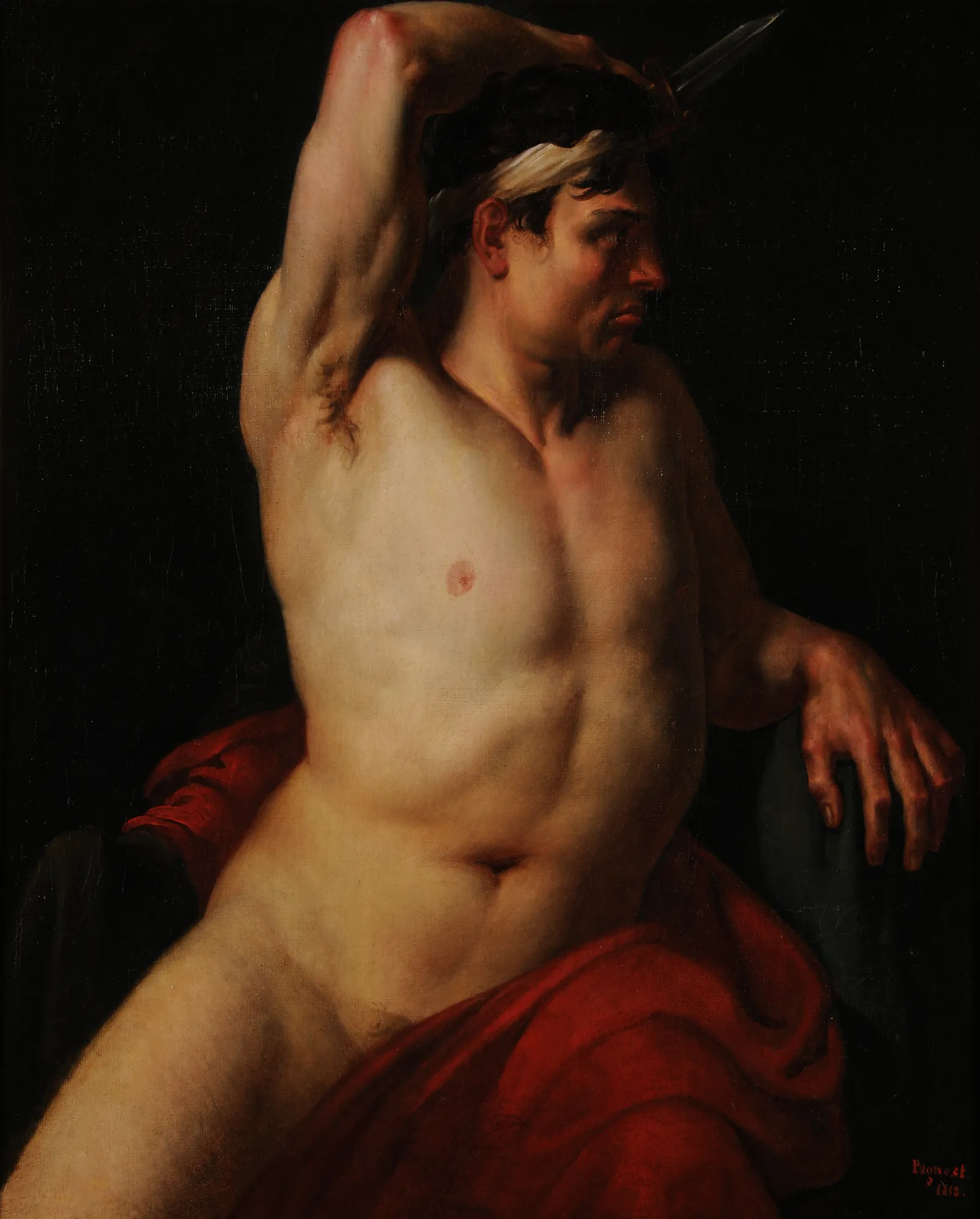 Le Gladiateur Le Gladiateur by Amable Louis Claude Pagnest. A muscular male figure with a white headband and red drapery holds a dagger behind his head against a dark background.
