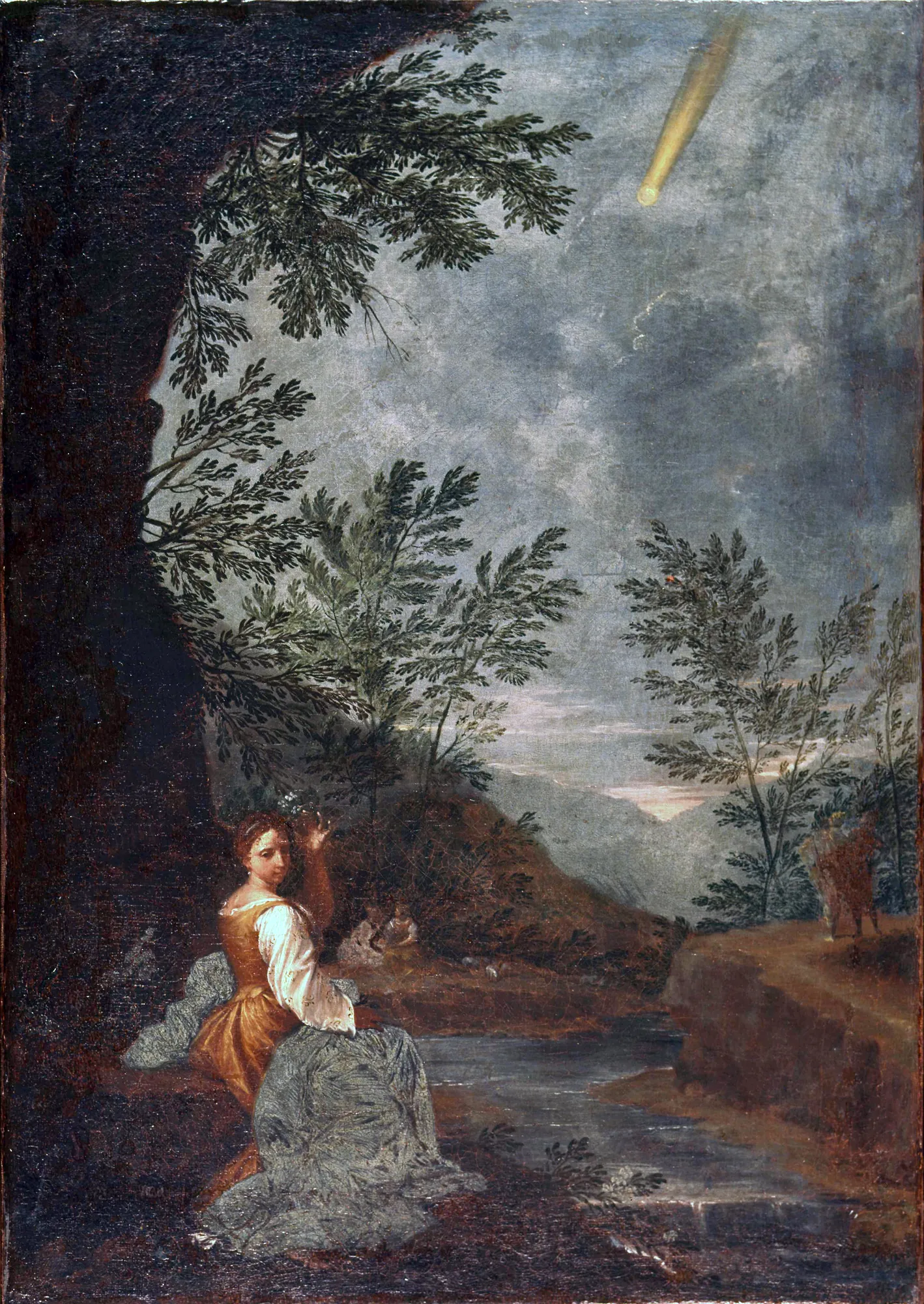 Astronomical Observations: Comet Astronomical Observations: Comet by Donato Creti. A seated woman in an 18th-century gown sits by a river as a bright comet streaks across a cloudy night sky.