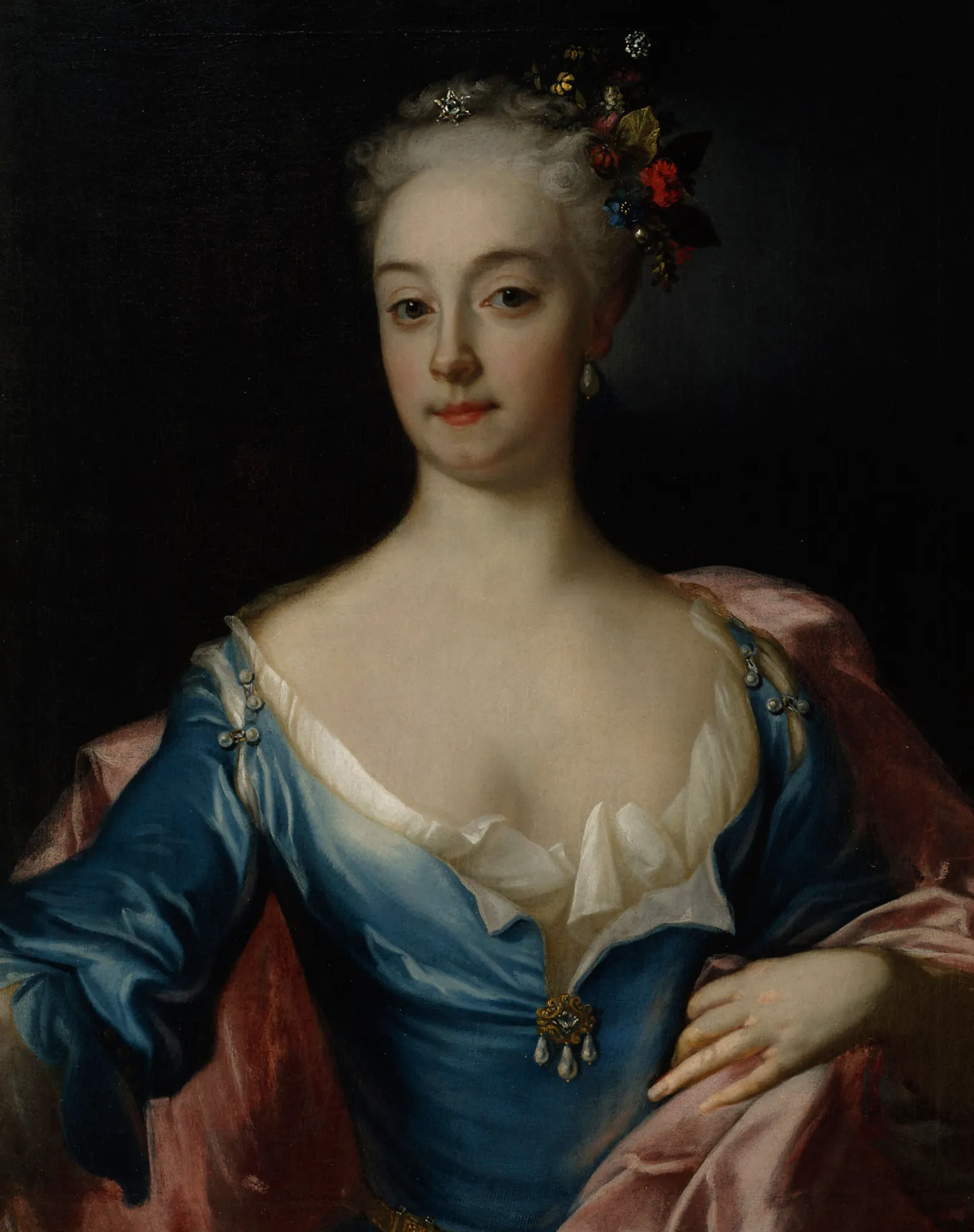 Anna Dorothea Amiga Anna Dorothea Amiga by David von Krafft. A waist-length portrait of a woman in a shimmering blue gown and pink shawl against a dark background.