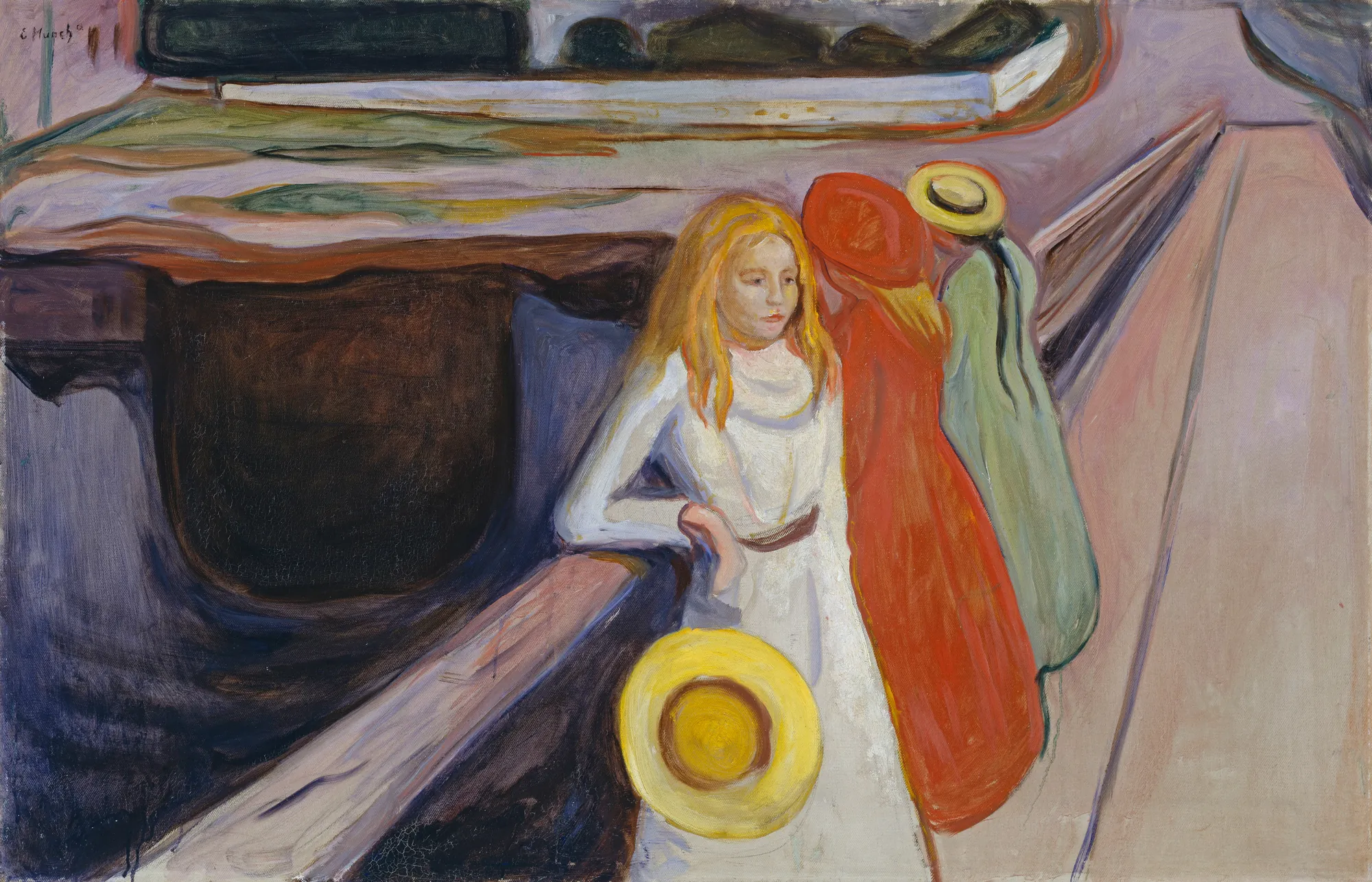 The Girls on the Bridge The Girls on the Bridge by Edvard Munch. Three young women in long, colorful dresses stand on a wide wooden bridge looking out over dark, swirling water at twilight.