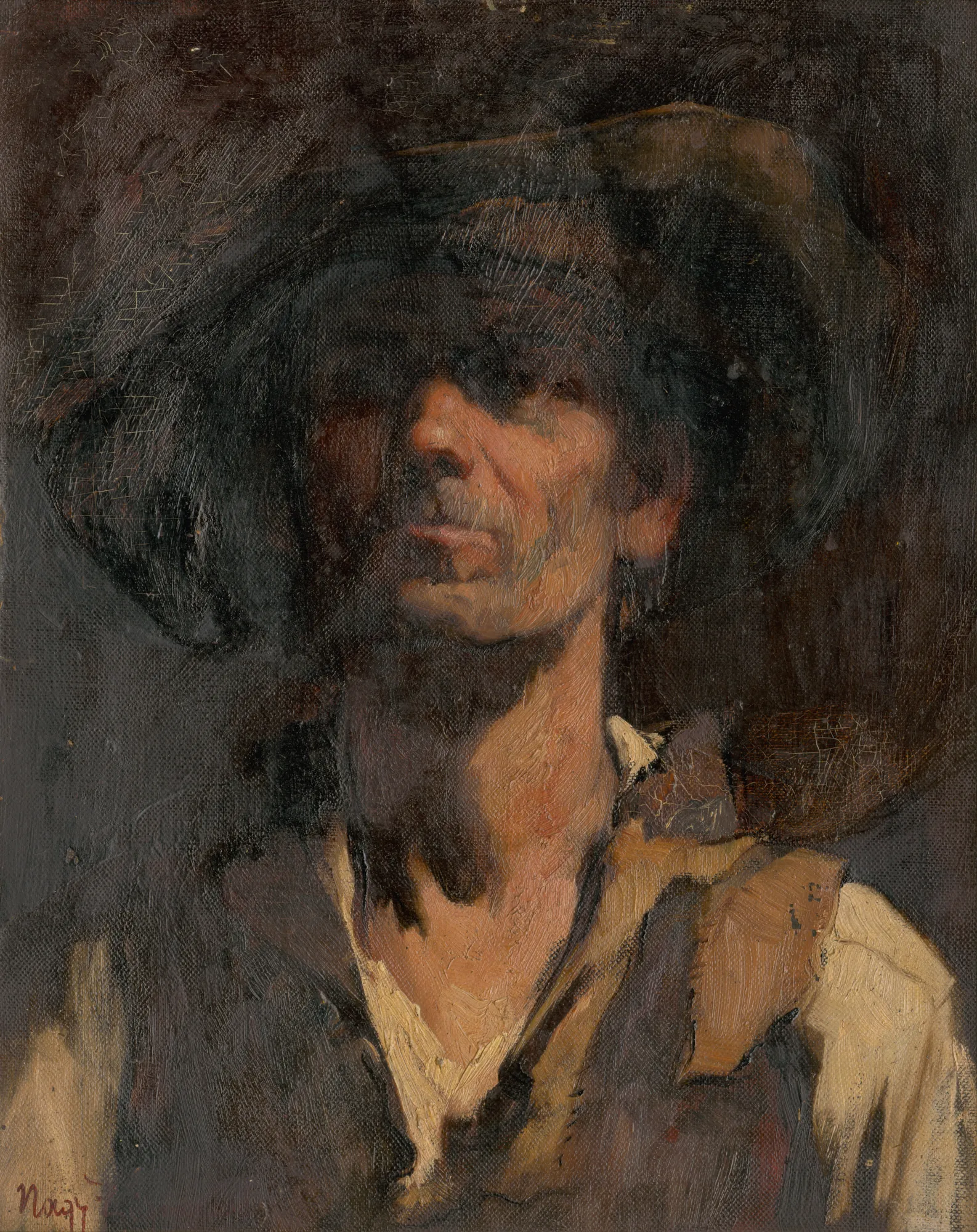 Study of Slovak Highlander Study of Slovak Highlander by Zsigmond Nagy. A low-key oil portrait of a man in a wide-brimmed hat, heavily shadowed, wearing rustic clothing.