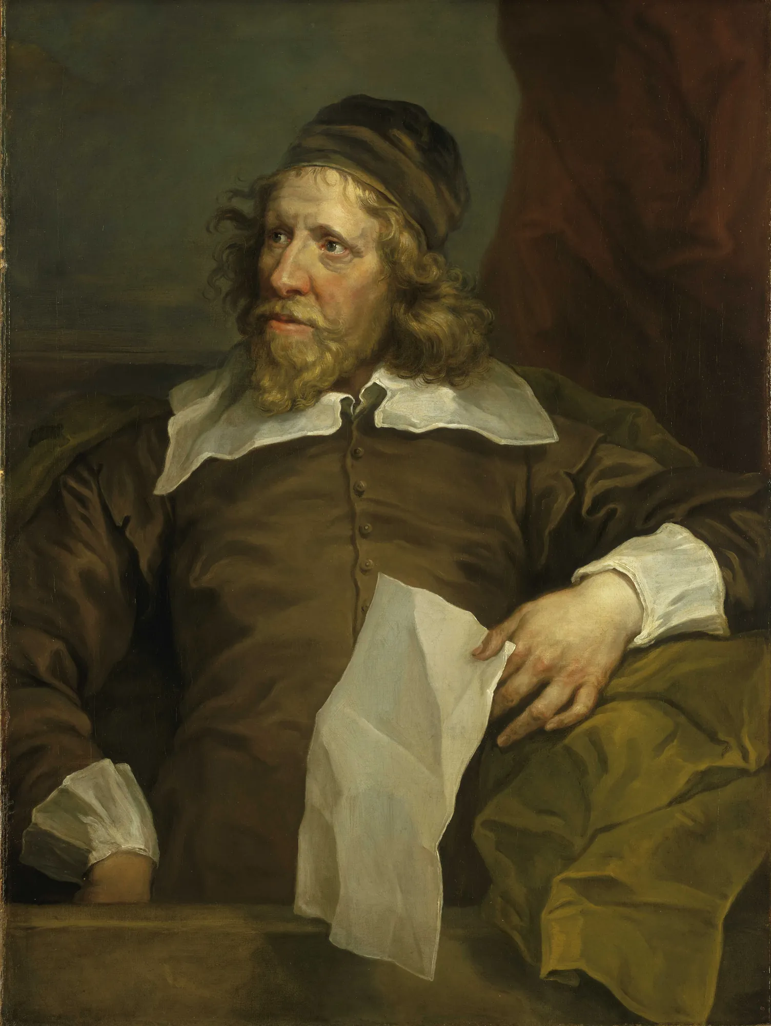 Inigo Jones Inigo Jones by William Hogarth. A half-length portrait of a bearded man in a brown doublet and soft cap, holding a white paper against a dark background with a draped curtain.