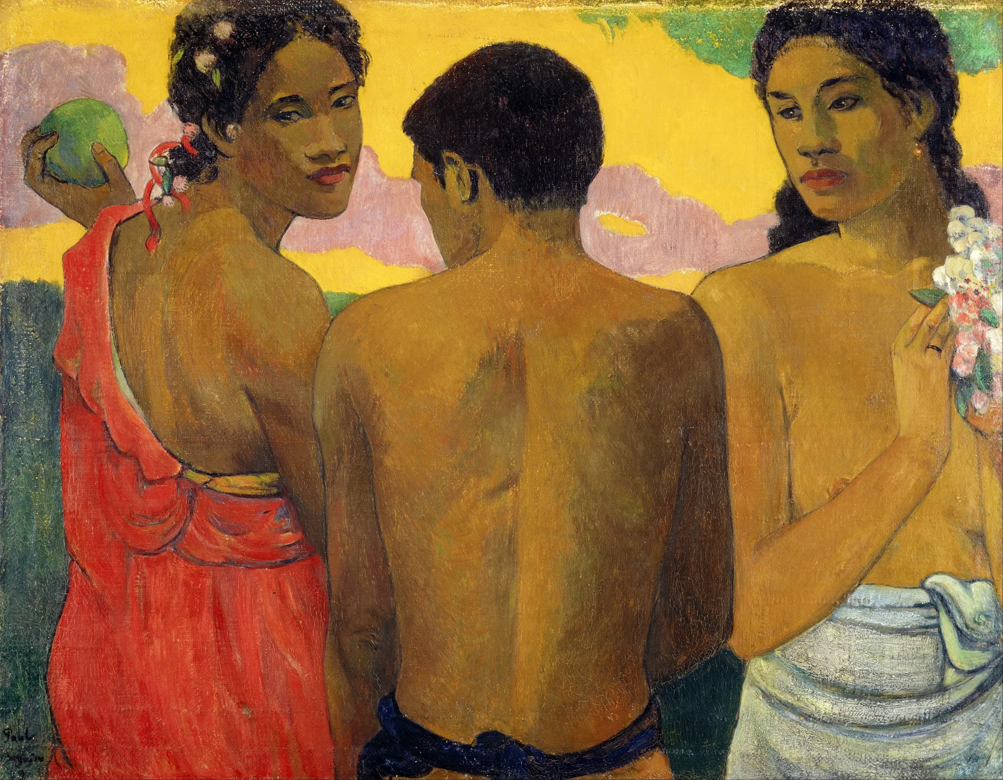 Three Tahitians Three Tahitians by Paul Gauguin. Three figures, two women and a man, are depicted from the waist up against a vibrant yellow sky with pink clouds.