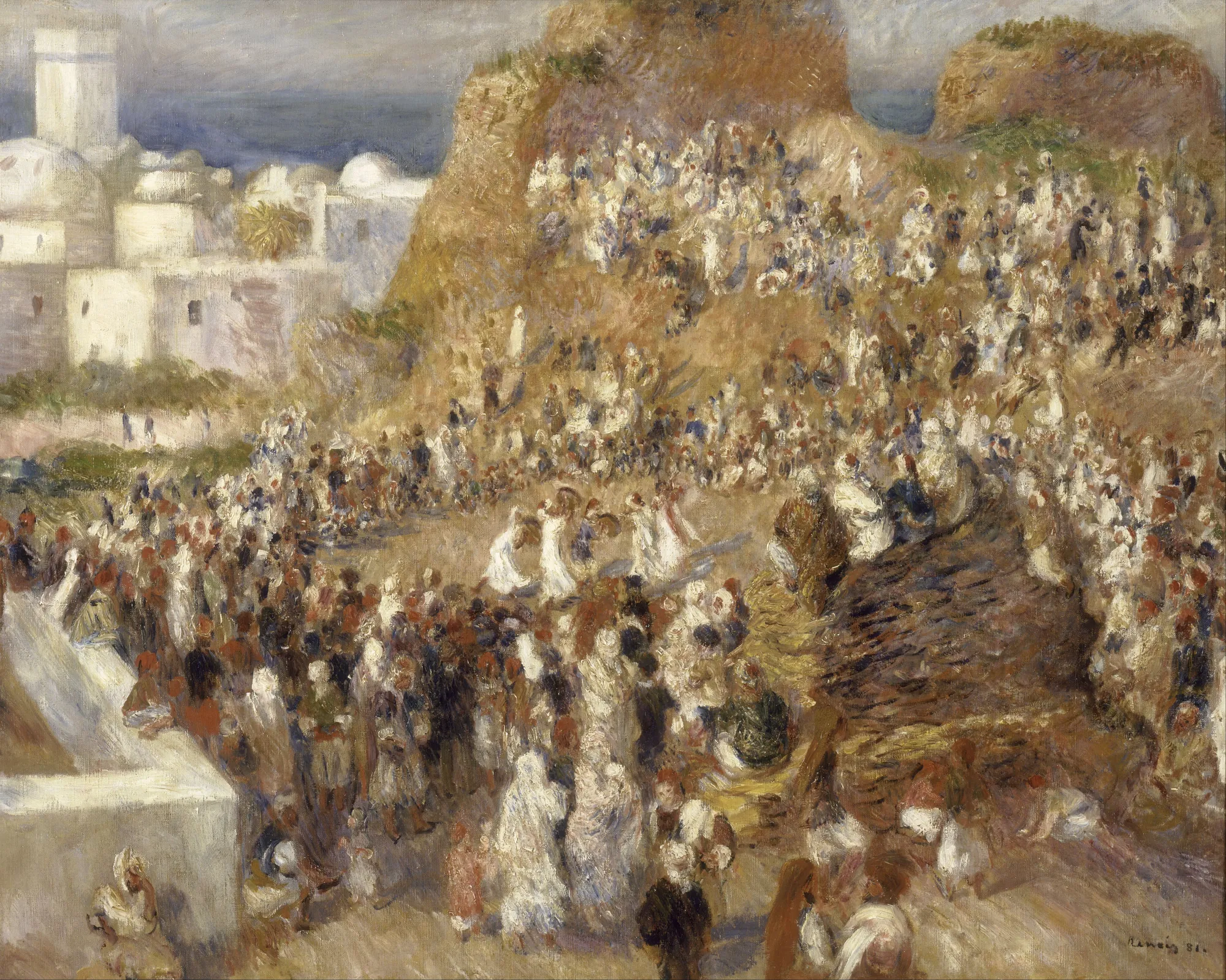 The Mosque (La Mosquée) The Mosque (La Mosquée) by Pierre-Auguste Renoir. A vibrant Impressionist scene depicting a dense, colorful crowd gathered on a hillside near the white domes of a mosque under a soft, cloudy sky.