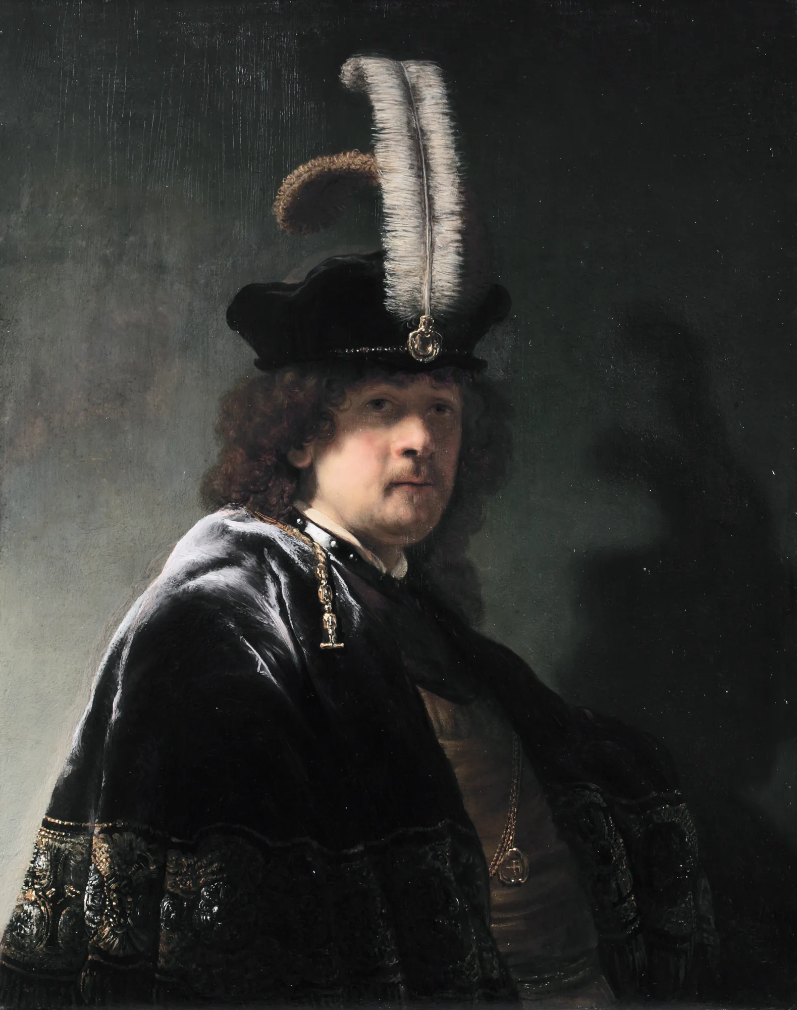 Self-Portrait Wearing a White Feathered Bonnet Self-Portrait Wearing a White Feathered Bonnet by Rembrandt. A half-length portrait of the artist wearing a black velvet cap with a large white ostrich feather and an ornate dark cloak.