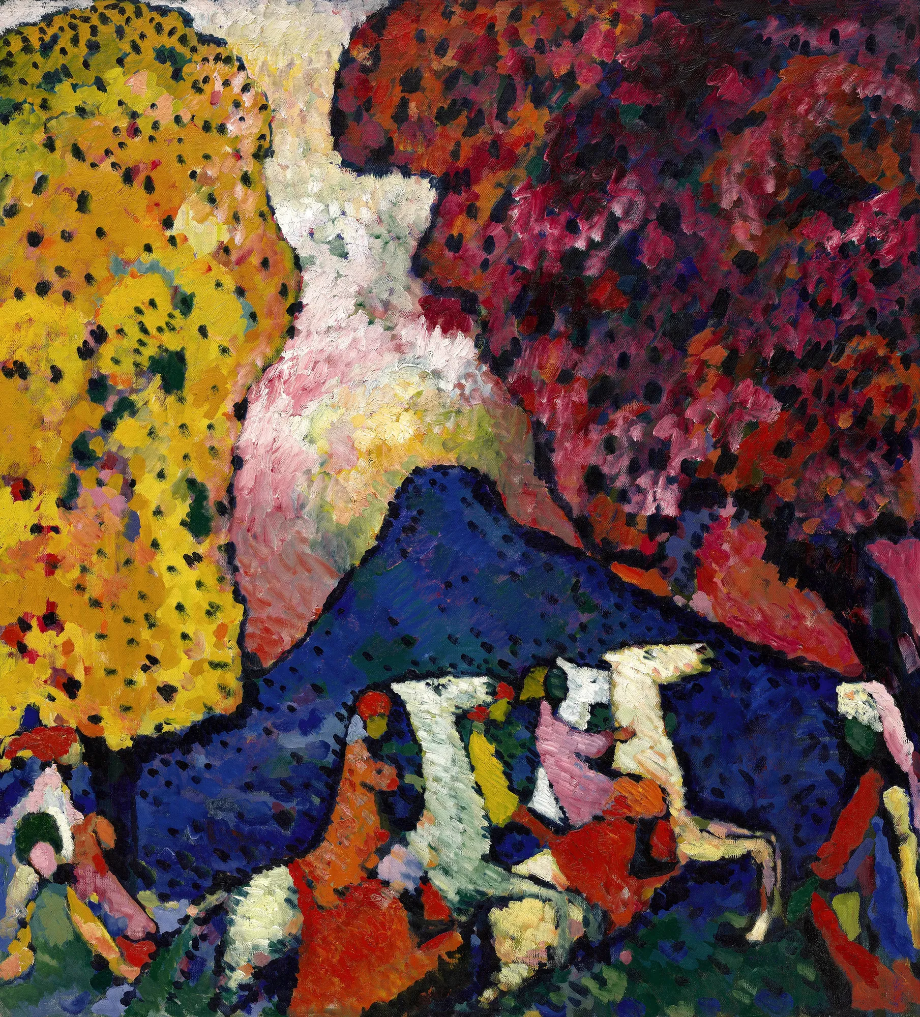The Blue Mountain (Der Blaue Berg) The Blue Mountain (Der Blaue Berg) by Wassily Kandinsky. A vibrant expressionist painting featuring a large blue mountain flanked by yellow and reddish-purple trees, with three riders on white horses in the foreground.