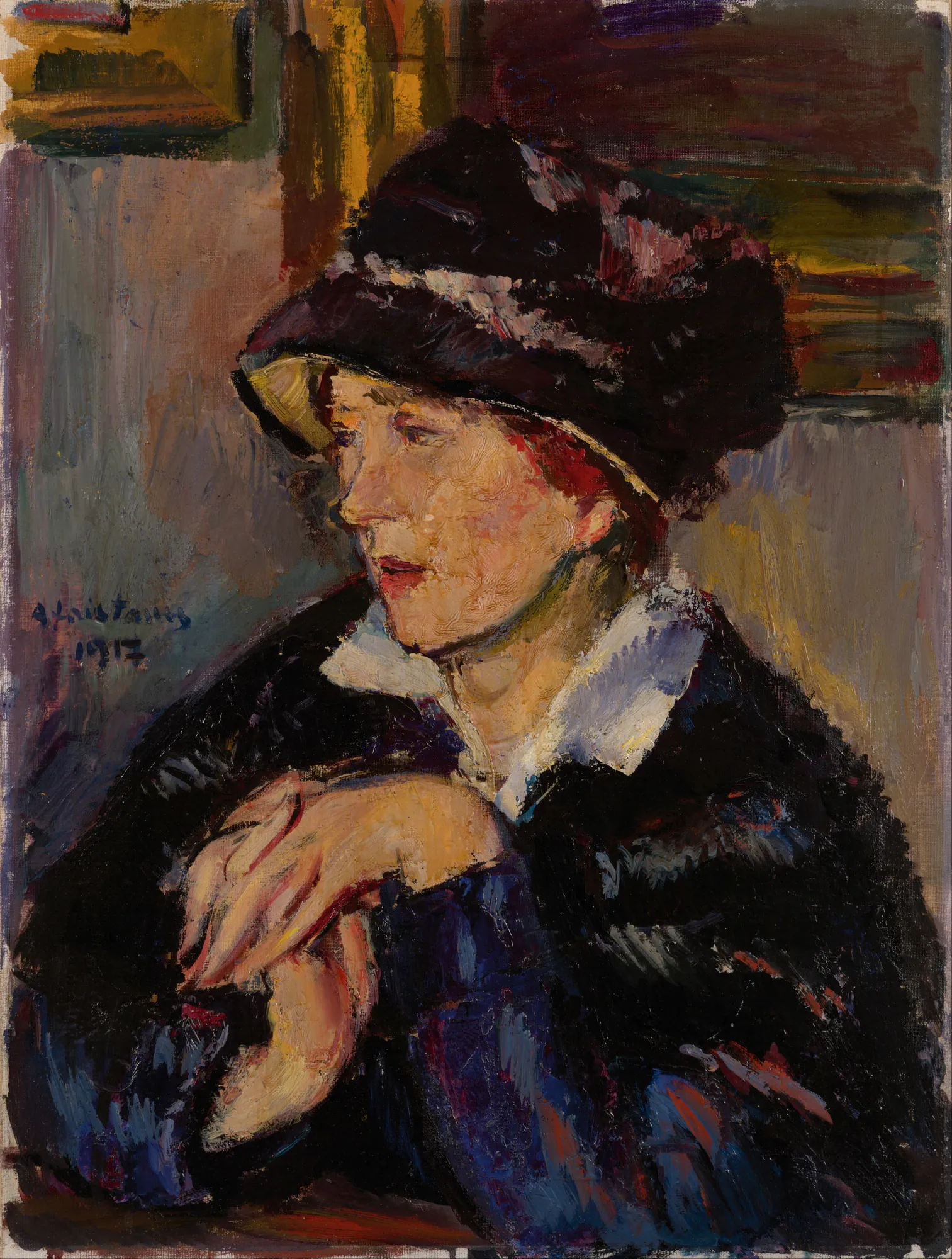Woman with a Dark Hat Woman with a Dark Hat by Anton Faistauer. An oil portrait in the expressionist style depicting a woman with auburn hair wearing a large black hat and dark clothing, her hands clasped in the foreground.