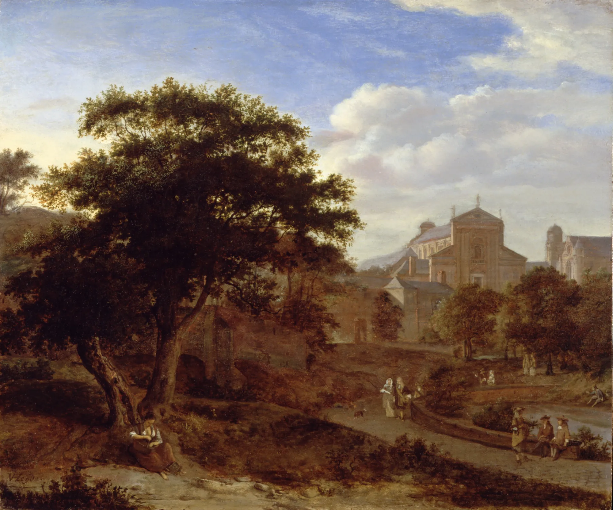 Two Churches and a Town Wall Two Churches and a Town Wall by Jan van der Heyden. A peaceful 17th-century Dutch landscape featuring a large foreground tree and figures strolling near a moat, set against the backdrop of two large churches and a town wall.