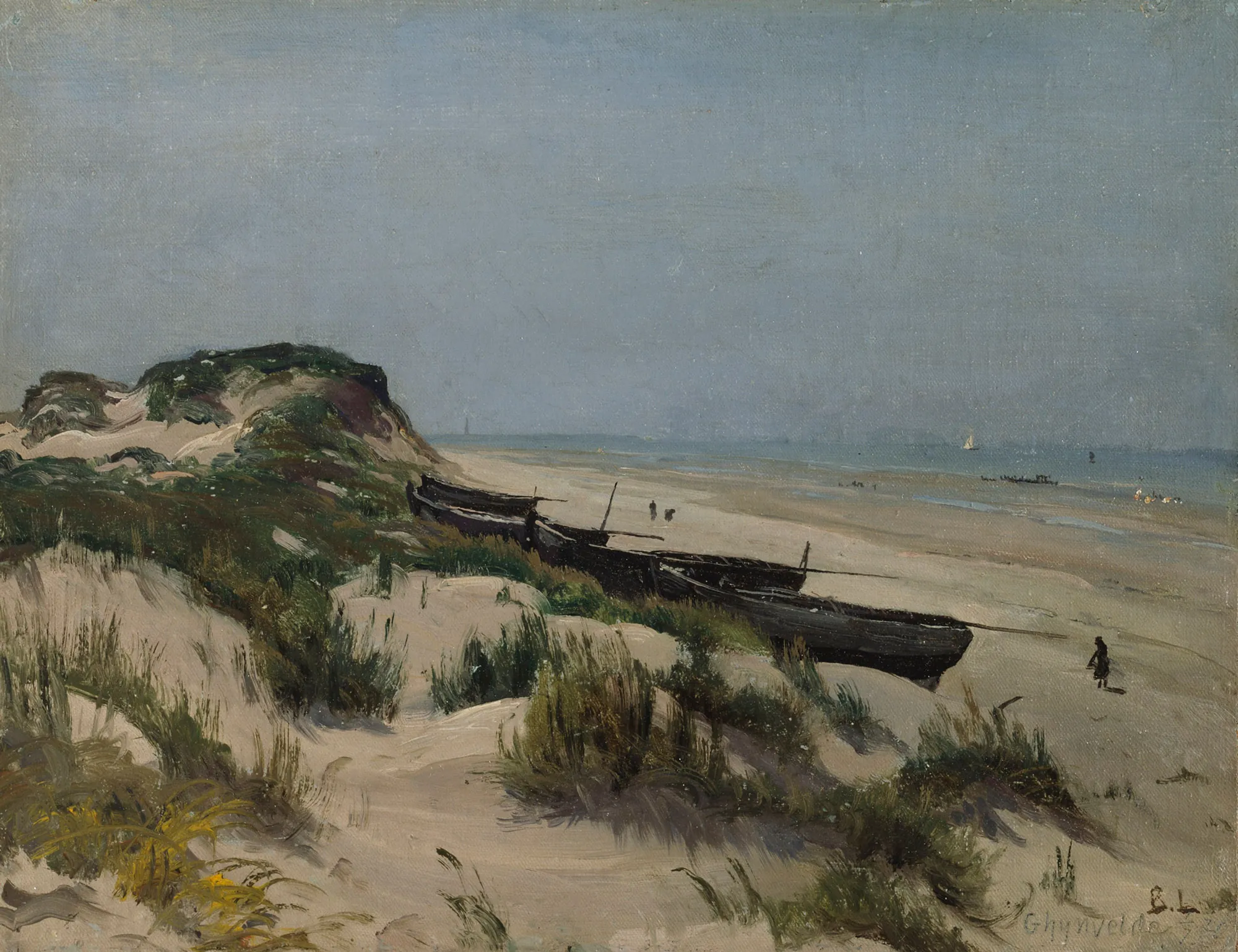 Boats on the Shore Boats on the Shore by Berndt Lindholm. Several dark wooden boats rest on a sandy beach beside grassy dunes under a hazy blue sky.