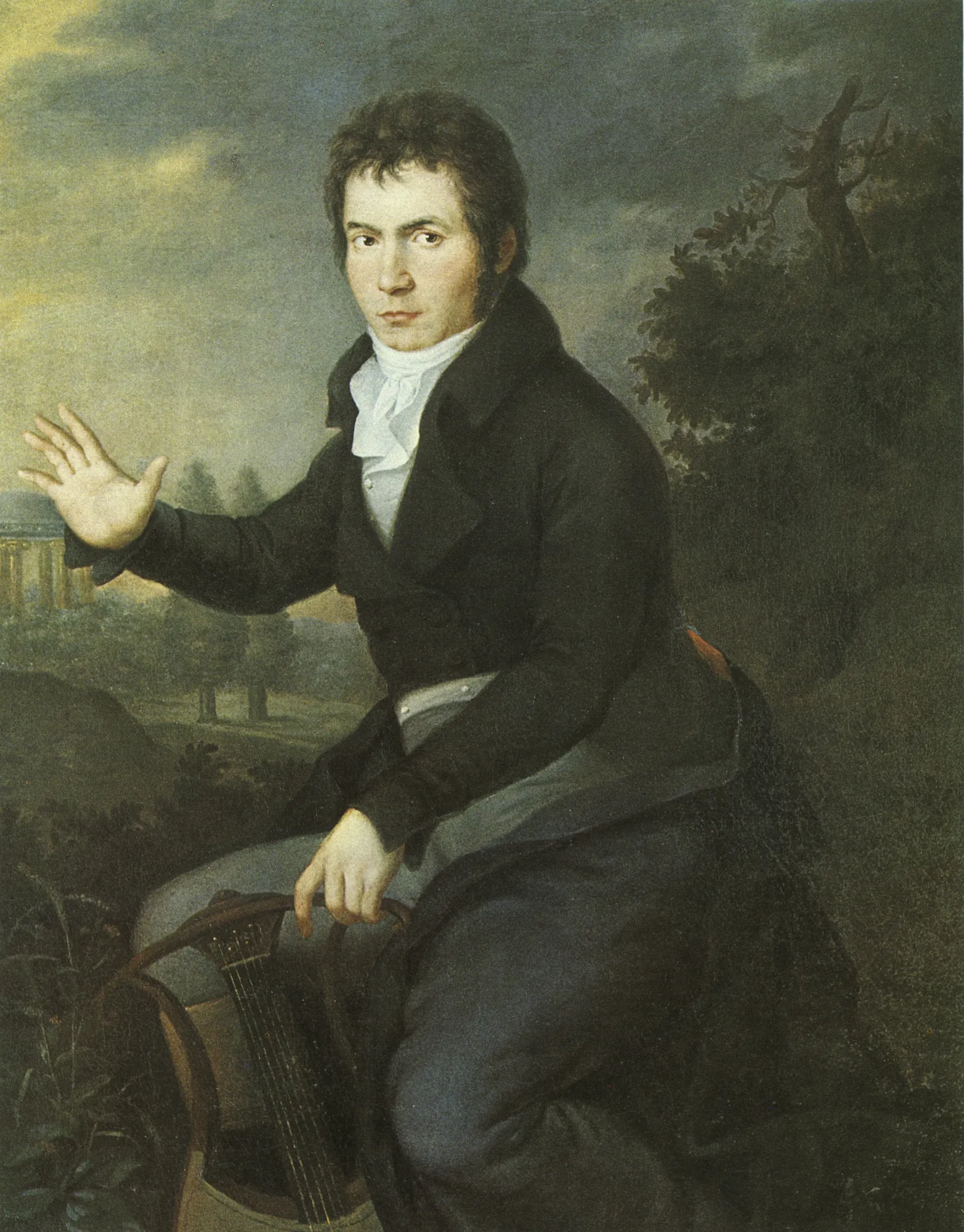 Ludwig van Beethoven Ludwig van Beethoven by Joseph Willibrord Mähler. A three-quarter length portrait of a young Ludwig van Beethoven seated with a lyre-guitar against a landscape backdrop.
