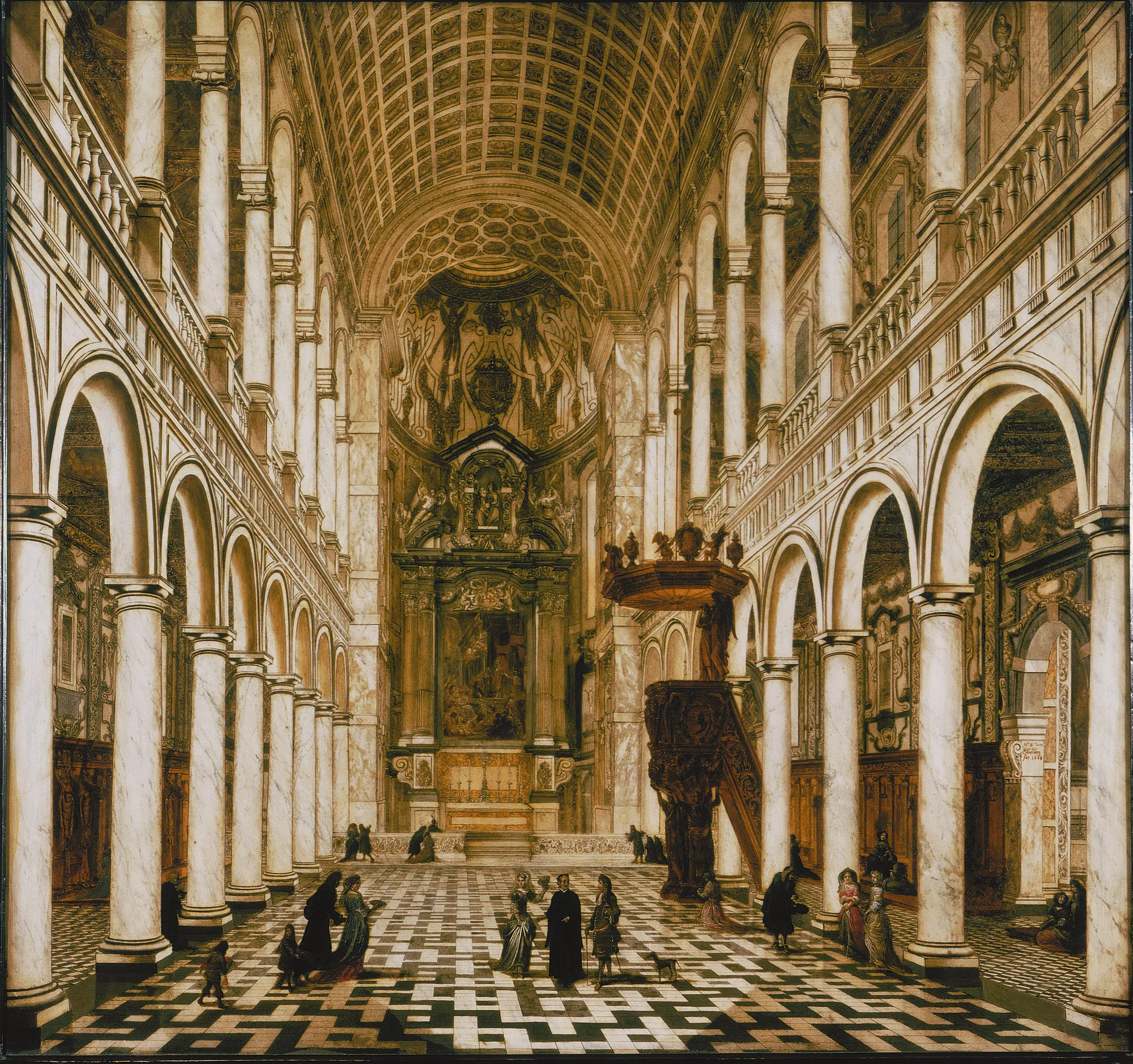 Interior of the Antwerp Jesuit Church Interior of the Antwerp Jesuit Church by Wilhelm Schubert van Ehrenberg. An expansive view down the nave of a baroque church, featuring towering marble columns and figures walking on a patterned floor.