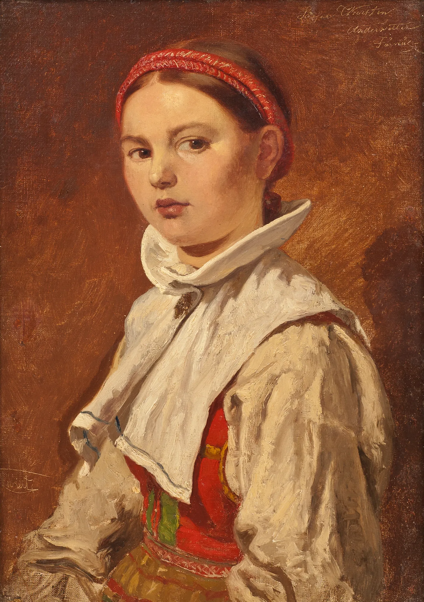 Såsser Kerstin Andersdotter, Dalecarlia Såsser Kerstin Andersdotter, Dalecarlia by Johan Fredrik Höckert. A portrait of a young woman with a vibrant red headband and a high-collared white shawl against a textured brown background.