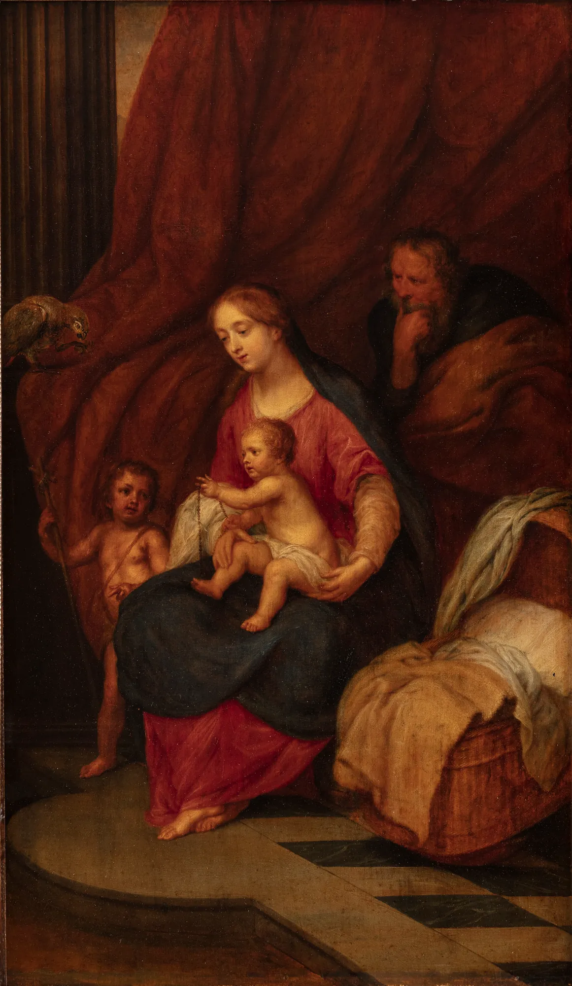 The Holy Family The Holy Family by Unknown Artist. Mary sits centrally holding the Christ Child, flanked by a young John the Baptist and an observant Joseph beneath a heavy red curtain.