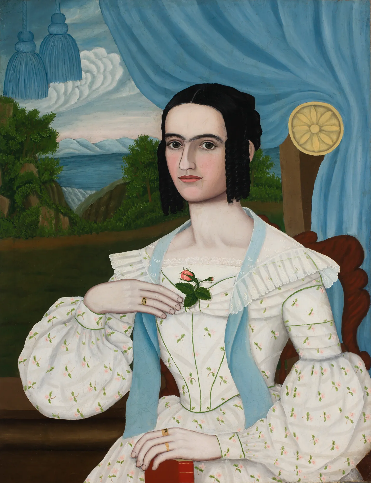 Permelia Redmon Wheeler Permelia Redmon Wheeler by Lucinda Redmon Orear. A folk-art portrait of a young woman with dark ringlets wearing a floral-patterned white dress with blue ribbons, holding a pink rose.