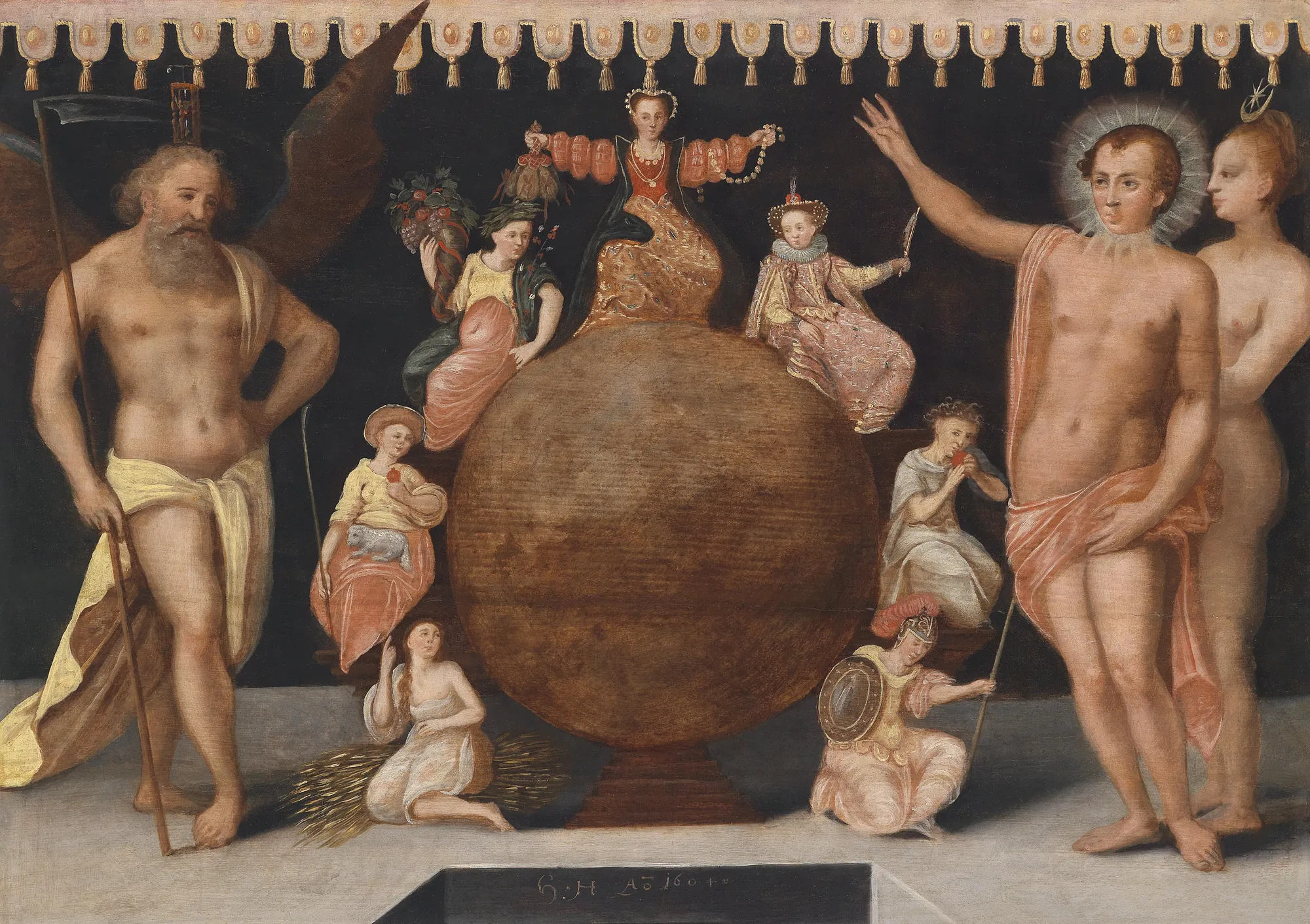 Allegory of Diligence Allegory of Diligence by Herman Hahn. A complex allegorical scene featuring numerous symbolic figures, including a winged Father Time with a scythe, positioned around a large central globe beneath a tasseled canopy.