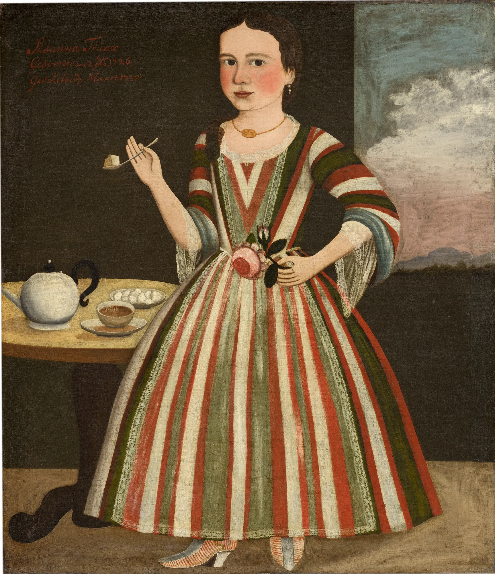 Susanna Truax Susanna Truax by The Gansevoort Limner. A full-length colonial-era portrait of a young girl standing in a red and green striped dress beside a tea table.