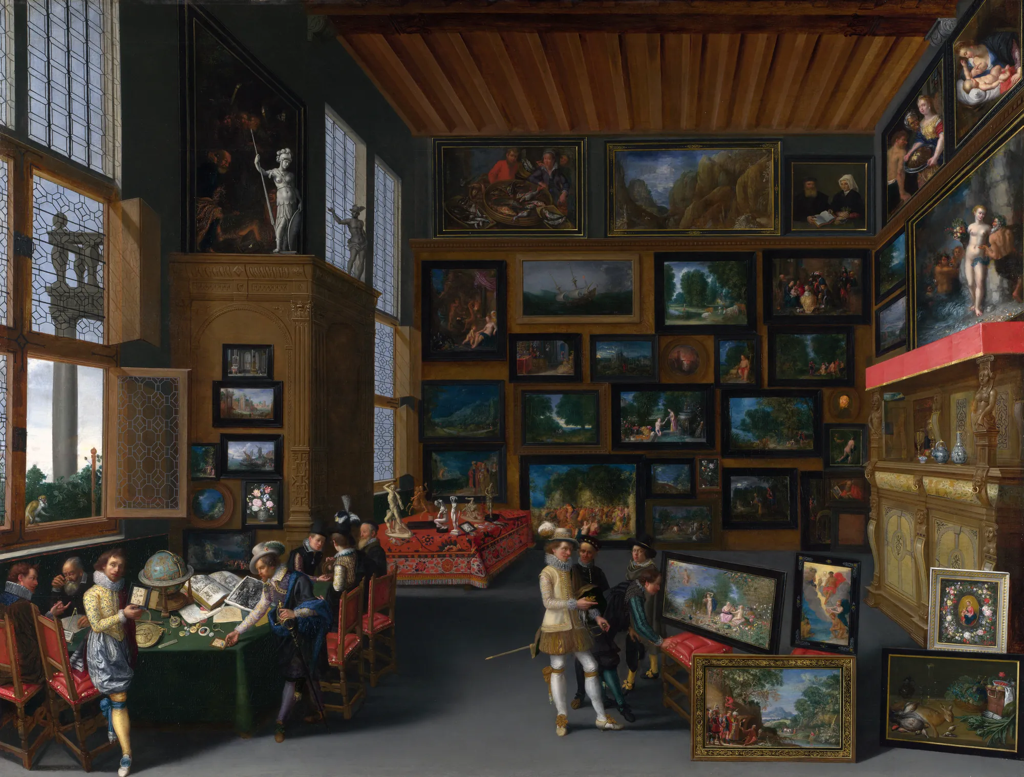 Cognoscenti in a Room hung with Pictures Cognoscenti in a Room hung with Pictures by Unknown Artist. A group of elegantly dressed men examine art and scientific instruments in a grand room densely filled with paintings and sculptures.