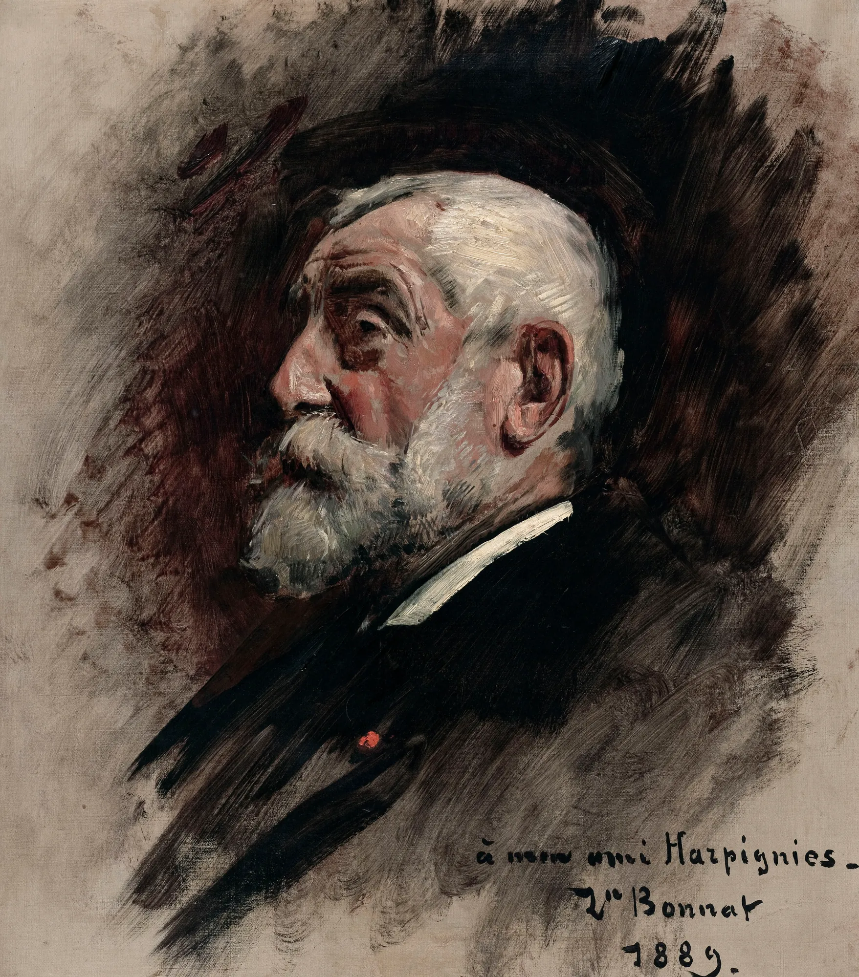 Portrait of Henri Harpignies Portrait of Henri Harpignies by Léon Bonnat. An oil portrait of an elderly man with white hair and a beard, shown in profile against a dark, gestural background.