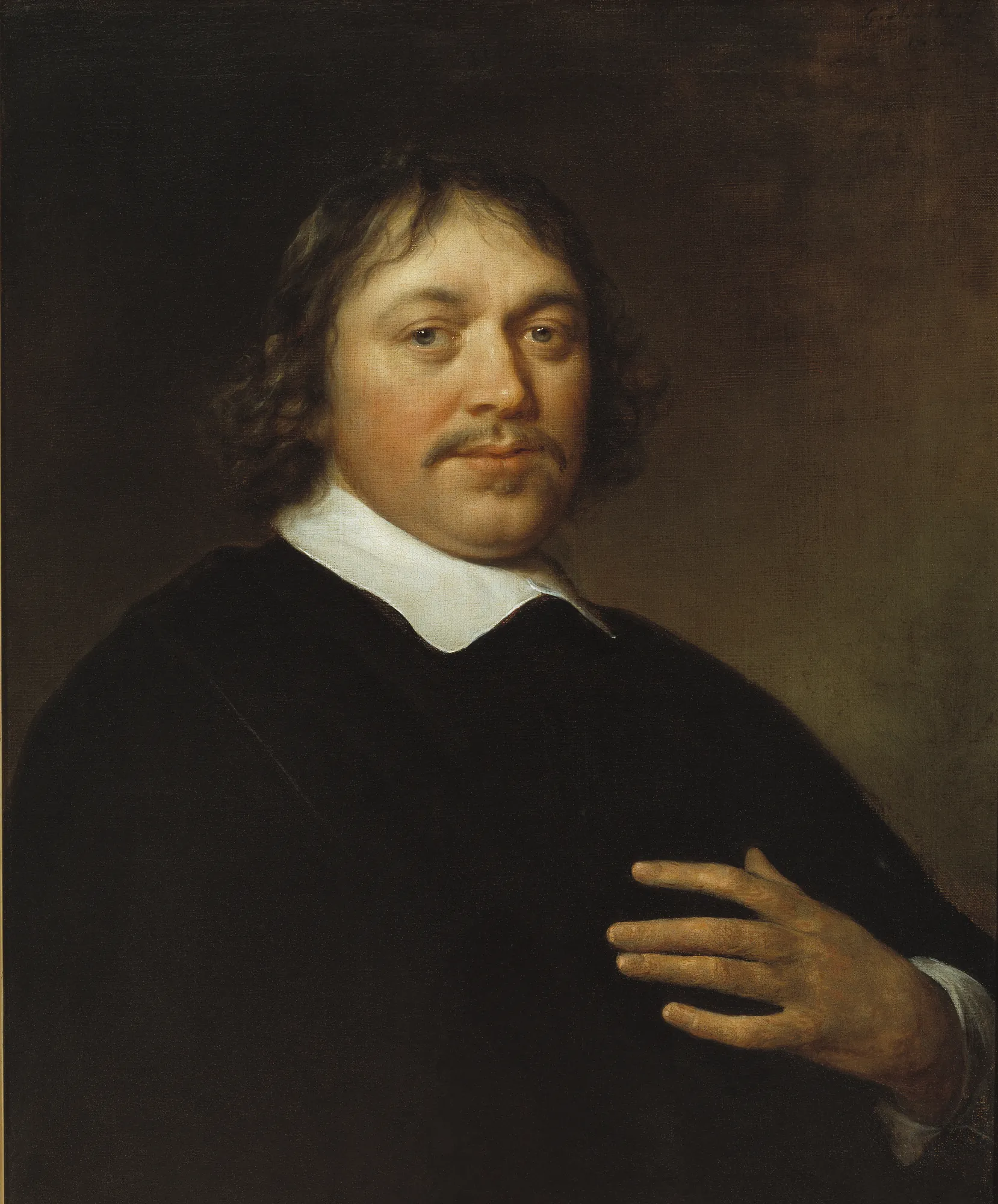 Portrait of a Man Portrait of a Man by Govert Flinck. A three-quarter length portrait of a man with brown hair and a mustache, dressed in a black doublet with a flat white collar.
