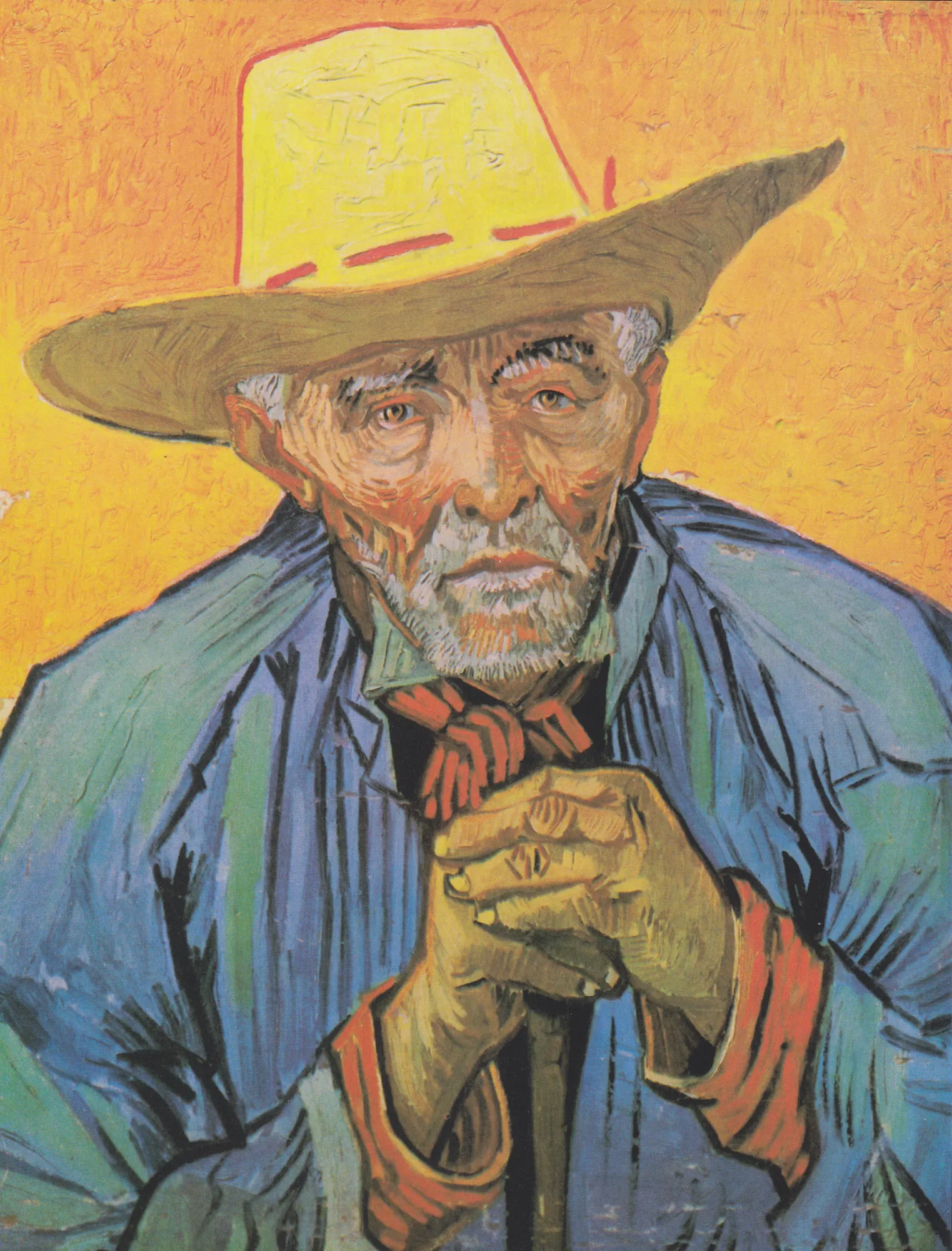 Portrait of Patience Escalier Portrait of Patience Escalier by Vincent van Gogh. A bold post-impressionist portrait of an elderly man with a white beard wearing a yellow straw hat and a blue jacket against a textured yellow background.
