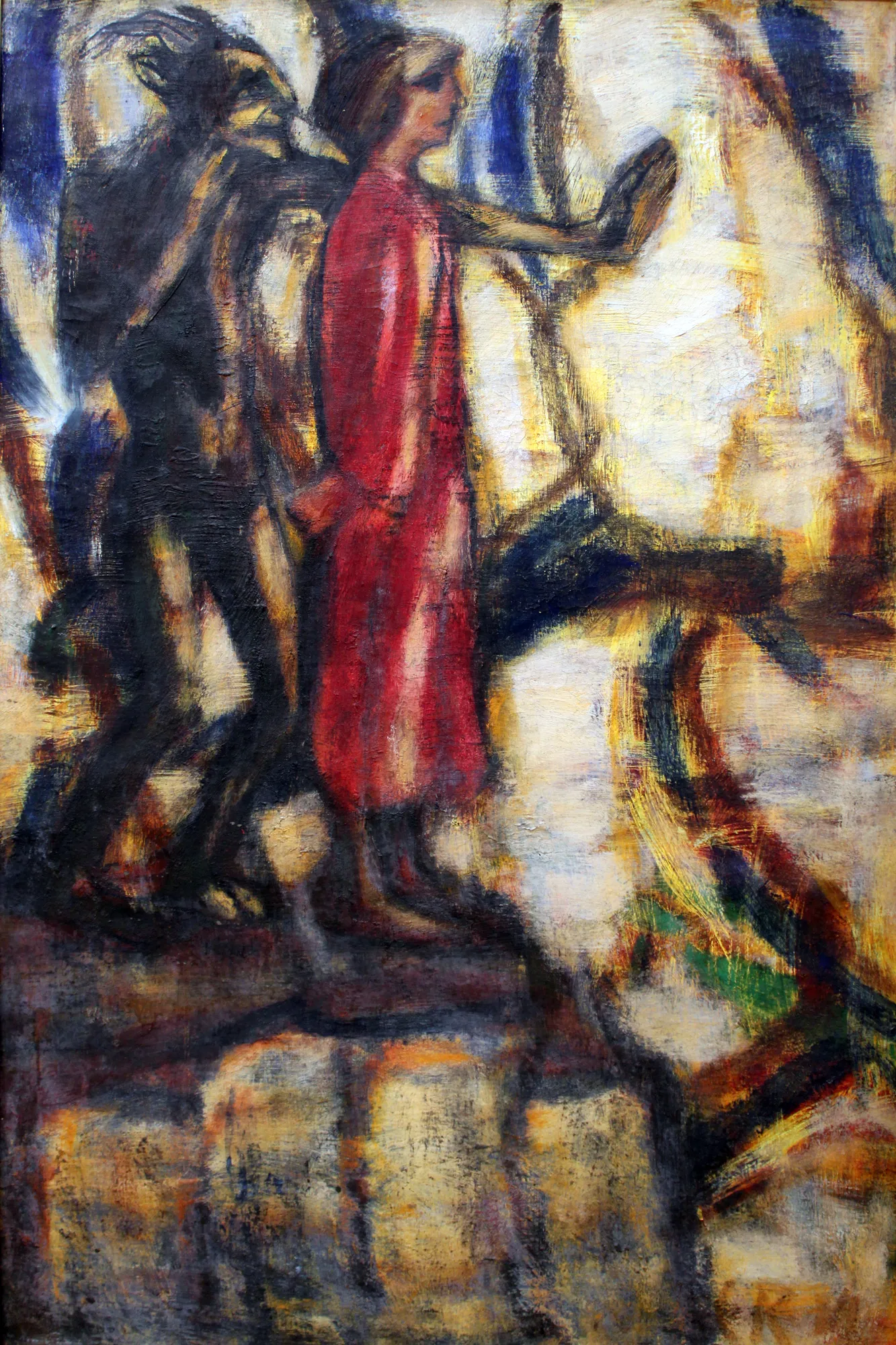 The Temptation of Christ The Temptation of Christ by Christian Rohlfs. An expressionist painting depicting a figure in a vivid red robe standing at the edge of a height, confronted by a dark, shadowy demonic figure.