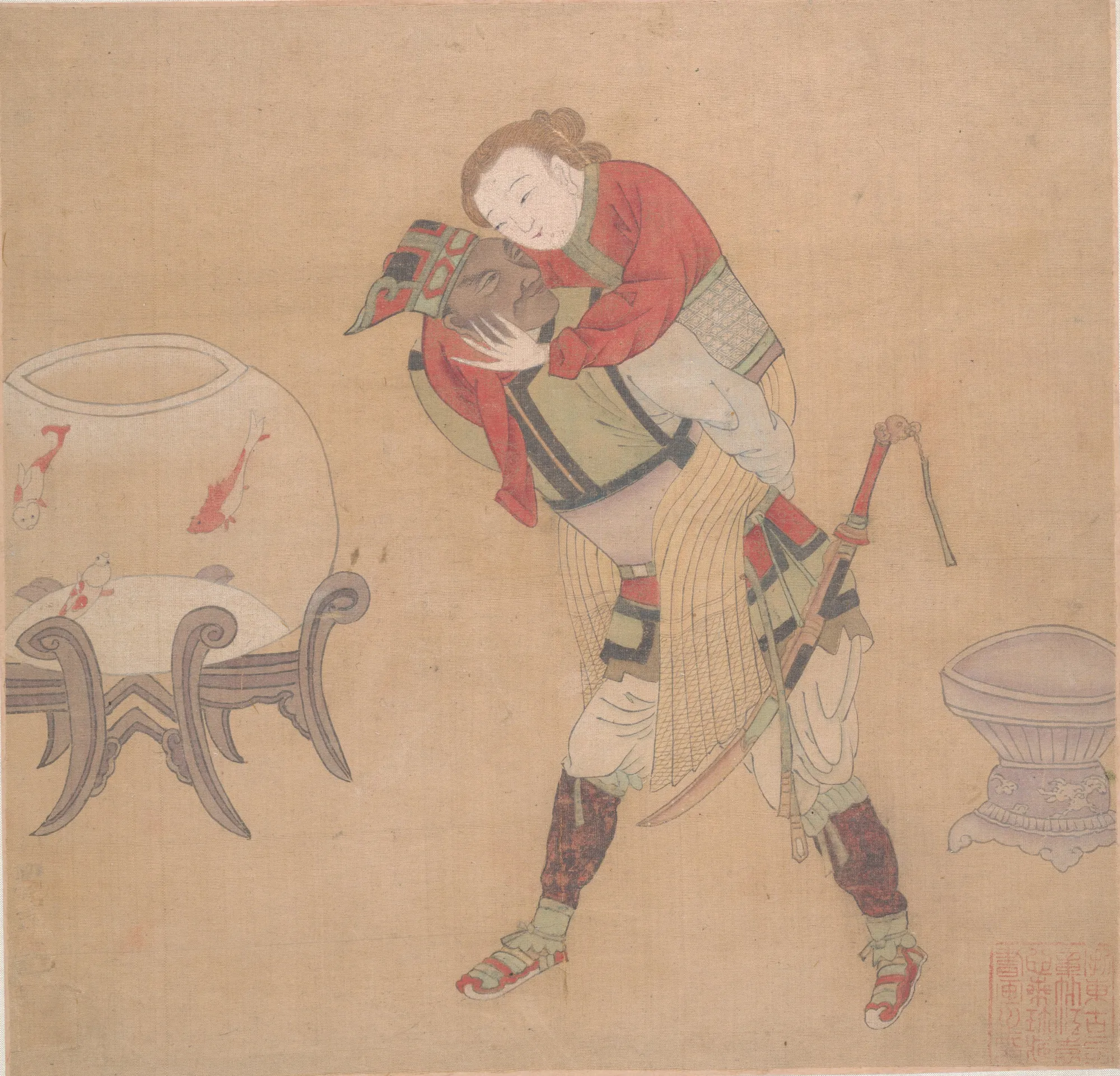 Tartar Officer Carrying a Lady Tartar Officer Carrying a Lady by Unknown Artist. A traditional East Asian painting of a man in military dress carrying a woman on his back, set between a large goldfish bowl and a brazier.